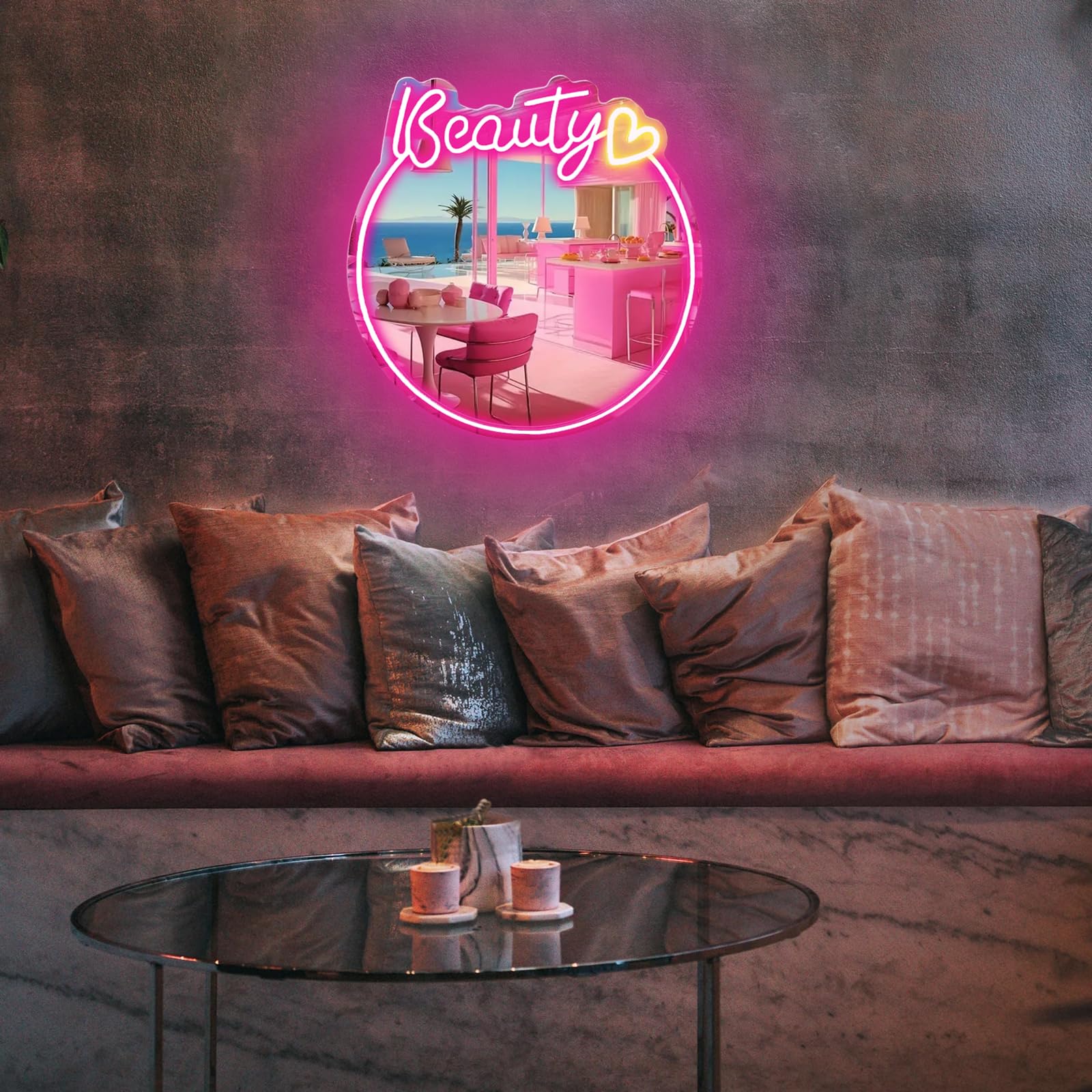 Letrero de neón rosa acrílico LED de luz de neón espejo alimentado por USB para dormitorio, salón de belleza, sala de estar, decoración de habitación de niñas (14 x 13 pulgadas)