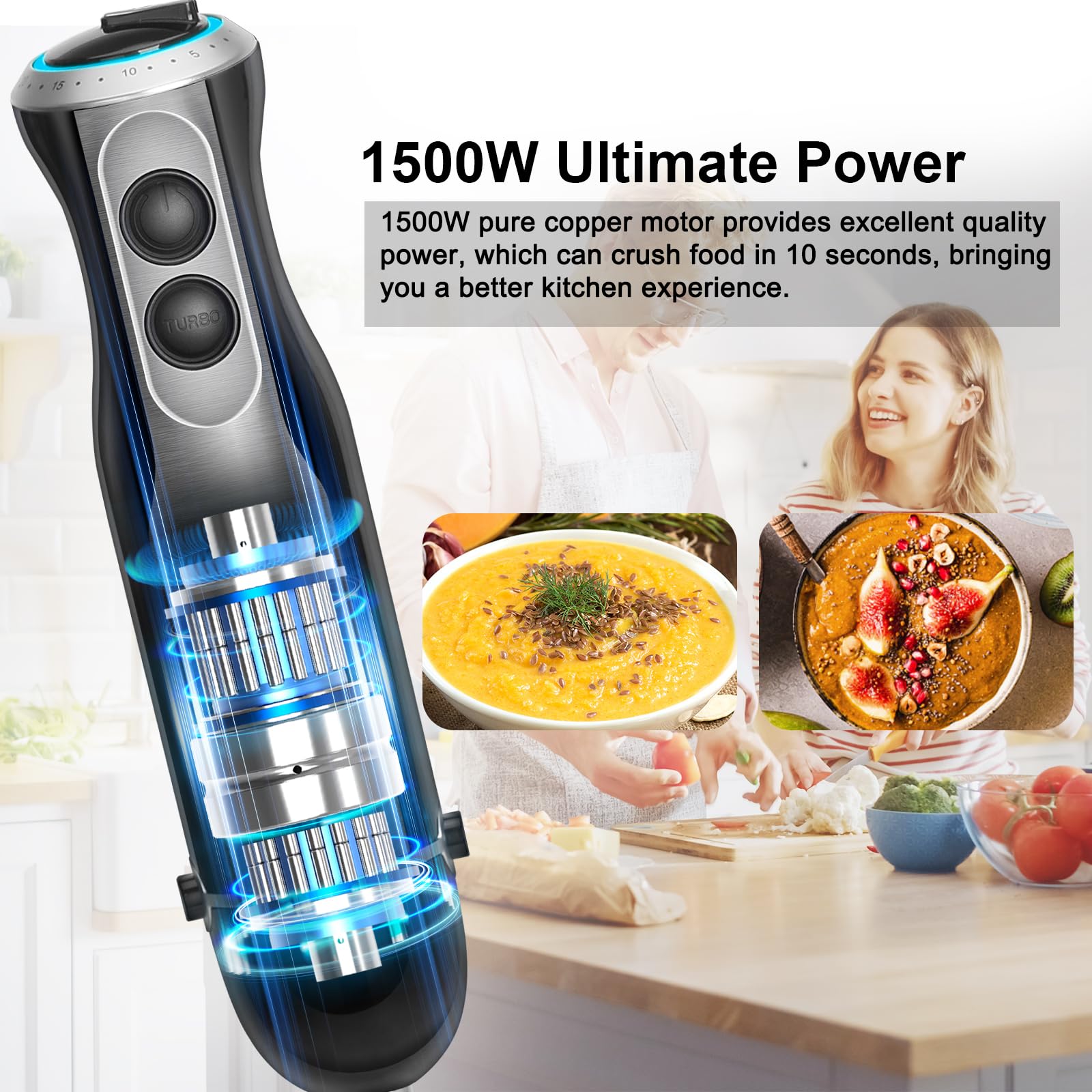 Kolohoso 1500W Frullatore a Immersione, 4 in 1 Minipimer Acciaio Inox, Multifunzione Minipimer Immersione 20 Velocità Regolabili, Frullatore con Frusta, 600ml Misurino un 500ml Tritatutto, senza BPA