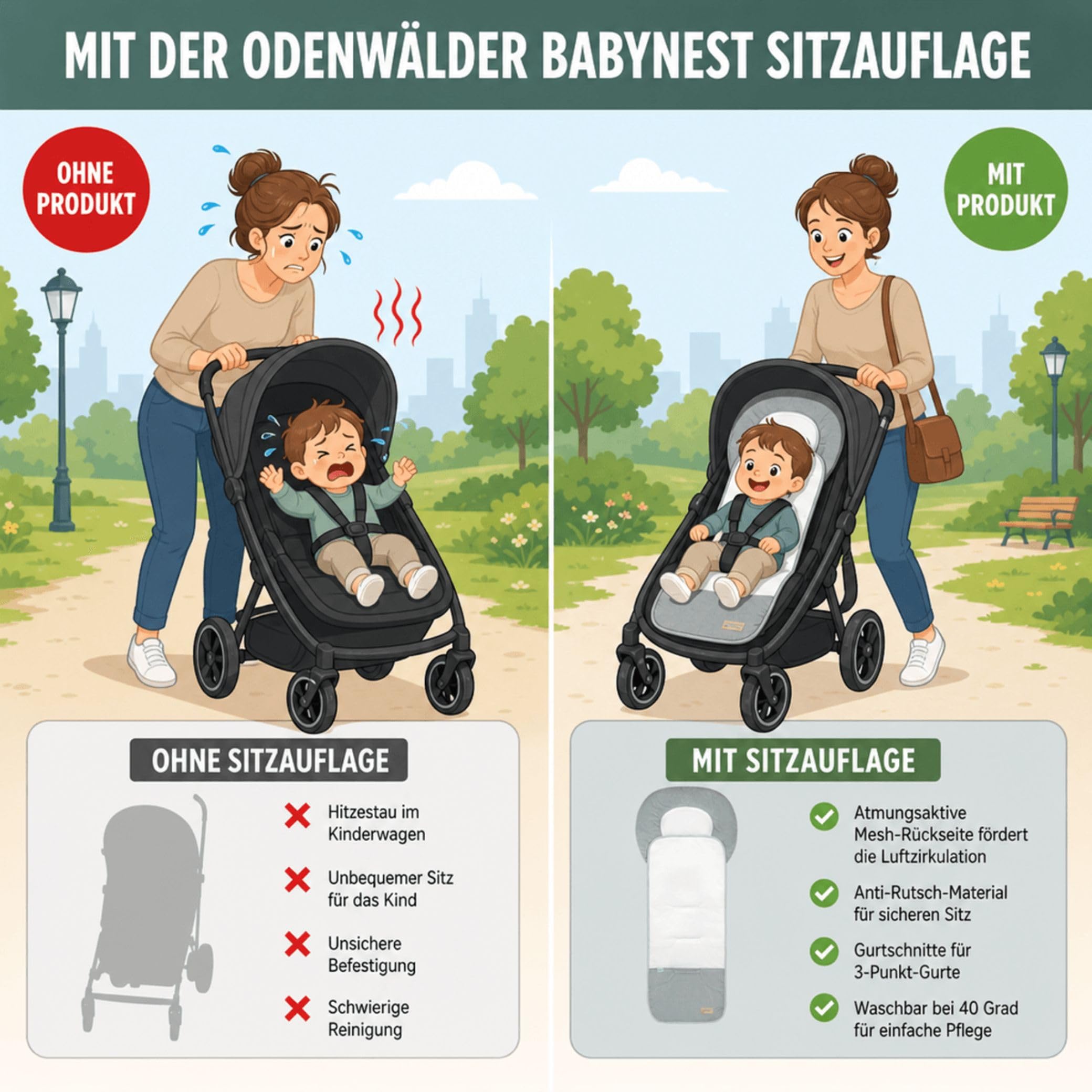 Odenwälder BabyNest Babycool-Auflage Kinderwagen Sitzauflage waschbar atmungsaktiv Sommer Winter
