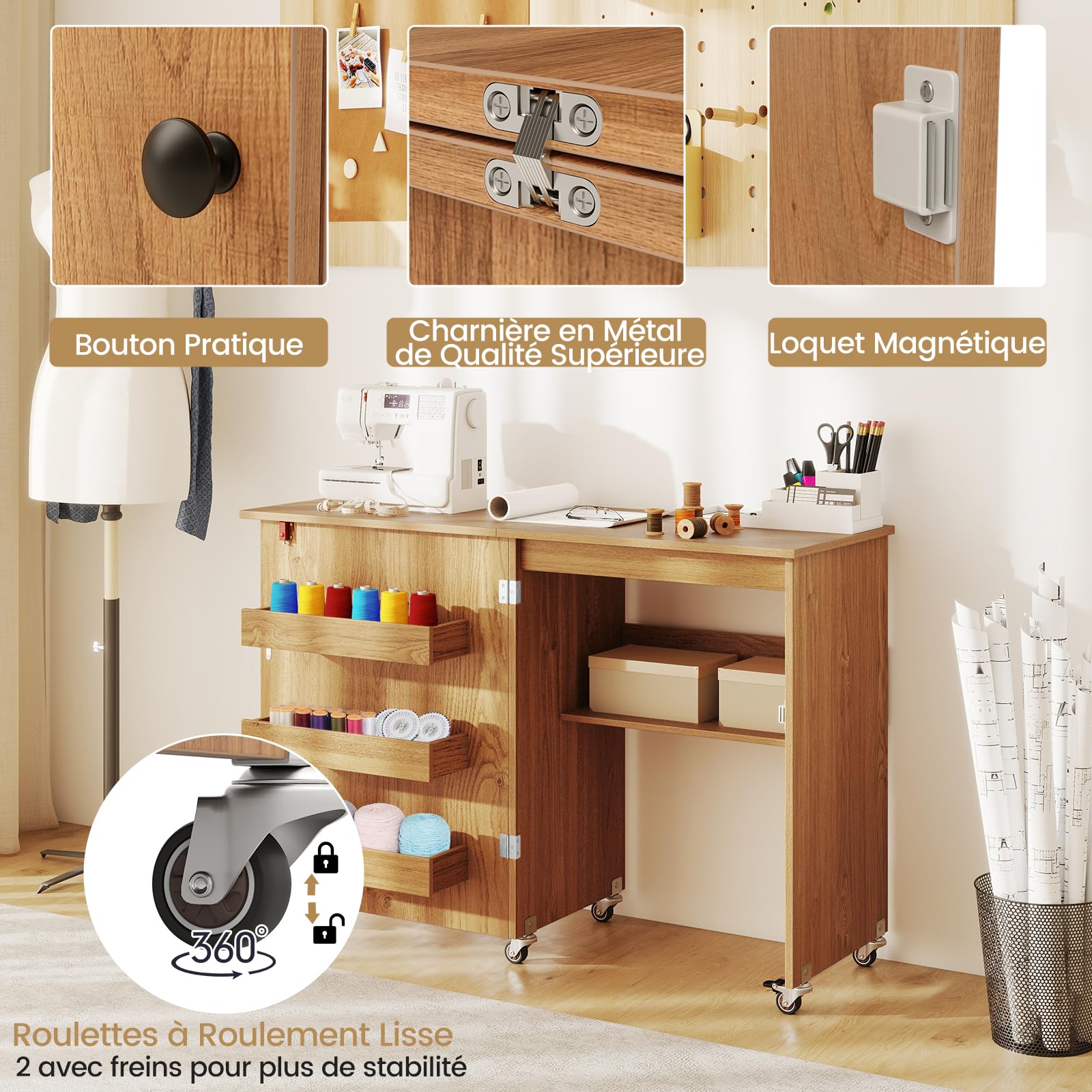 RELAX4LIFE Table de Couture Pliable avec Grand Plateau, 3 Compartiments, Étagère de Rangement, Meuble Gain de Place à roulettes pour Aiguilles, Fils et Ciseaux(Naturel)