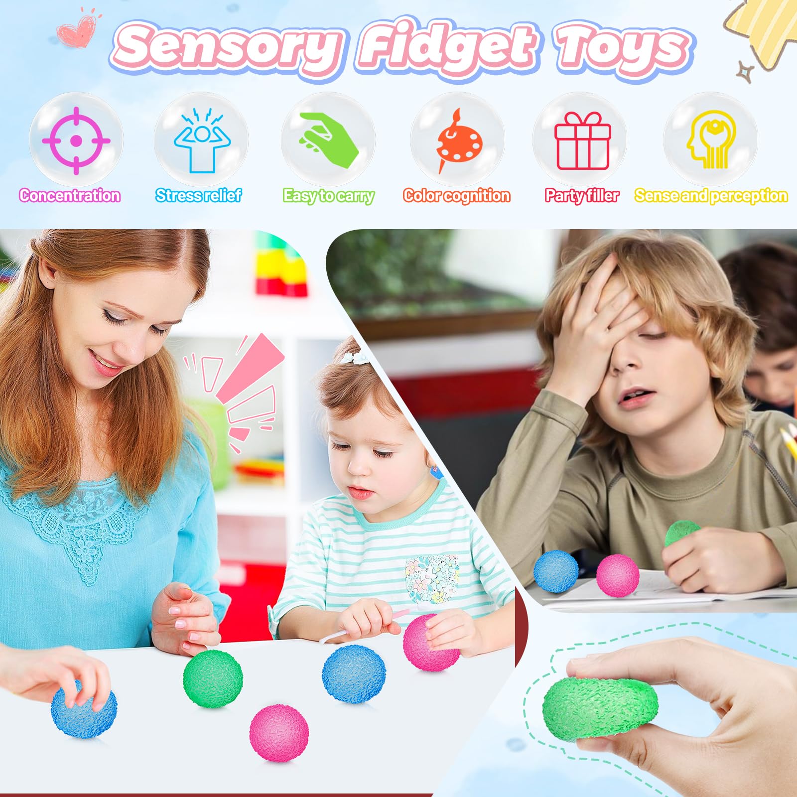 xinrongda 3Pcs Stress Relief Fidget Toys, Stress Balls for Adults, Squishy Doh Fidget Toys for Kids, Ice Round Sensory Sugar Balls for Anxiety Relief, Autism ADHD, Party Bag Fillers for Boys Girls - Image 3