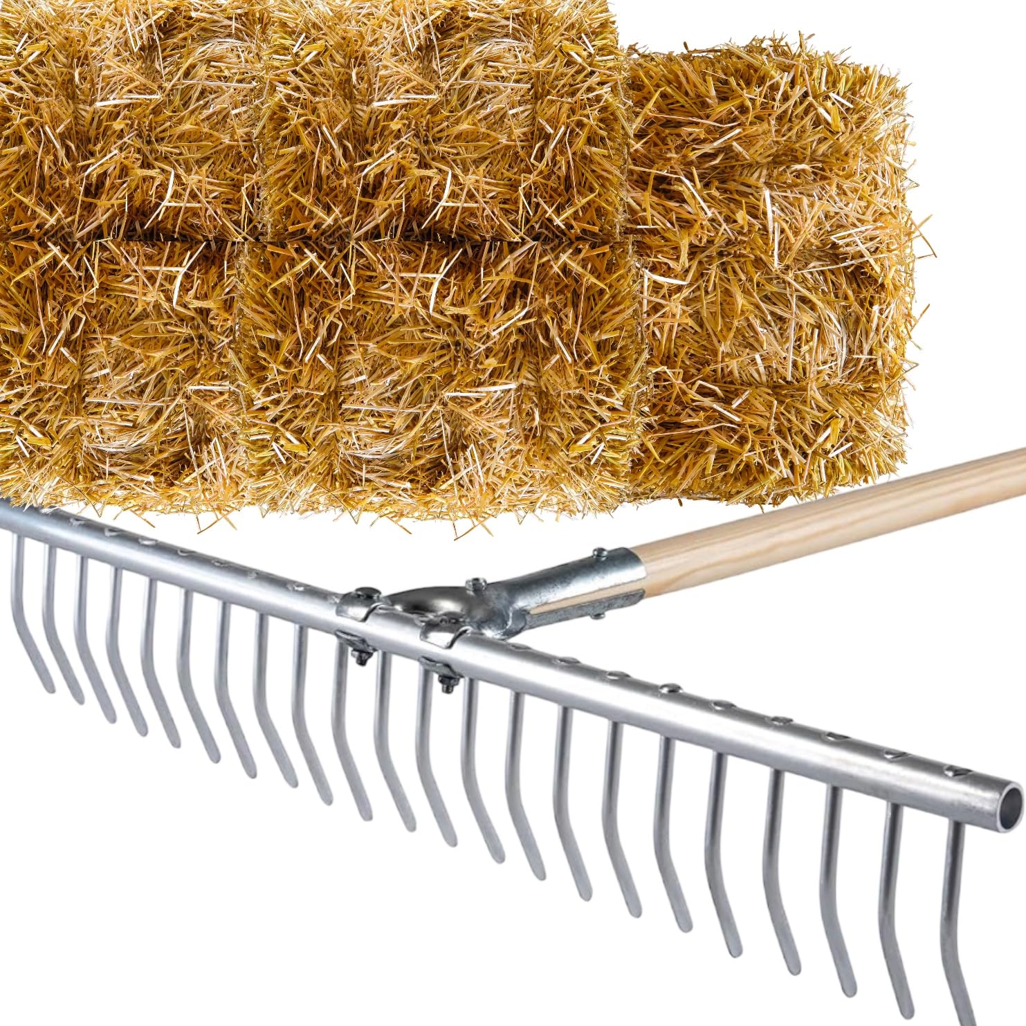 Rastrello da Giardino in Alluminio, Denti Curvi, Manico Lungo in Legno, per Pulizia Prato e Raccolta Foglie