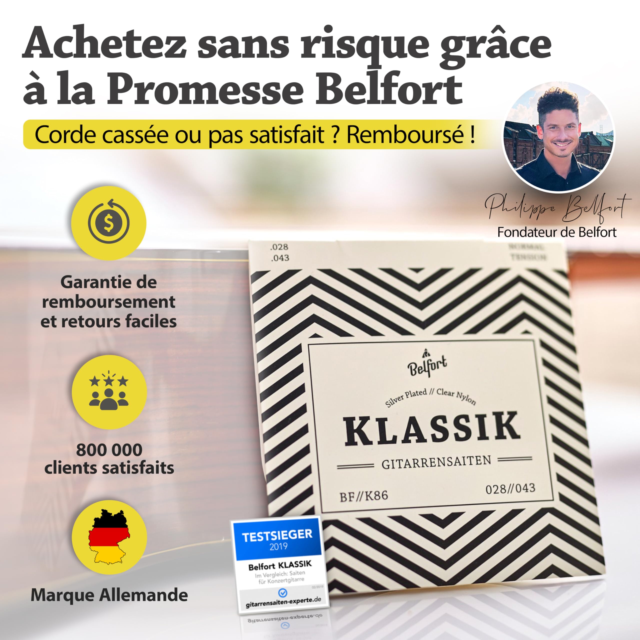 Belfort Cordes de Guitare haute Cordes pour Guitare Classique et guitare de concert pour I Kit de 6 cordes I silberumwobene Cordes en nylon I Bonus : gratuits eBook + 3 médiators - BF//C86