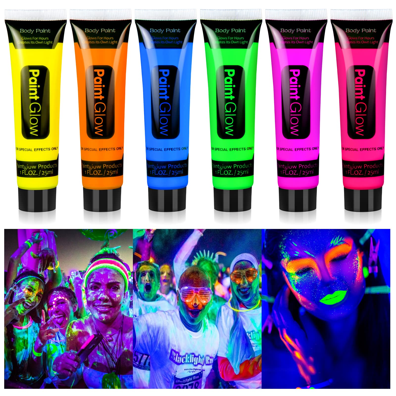 Teekerwan 6 pinturas faciales y corporales luminosas, conjuntos fluorescentes de neón negro ultravioleta pintados en la cara y la piel luminosas, 6 tubos, fáciles de limpiar (01)