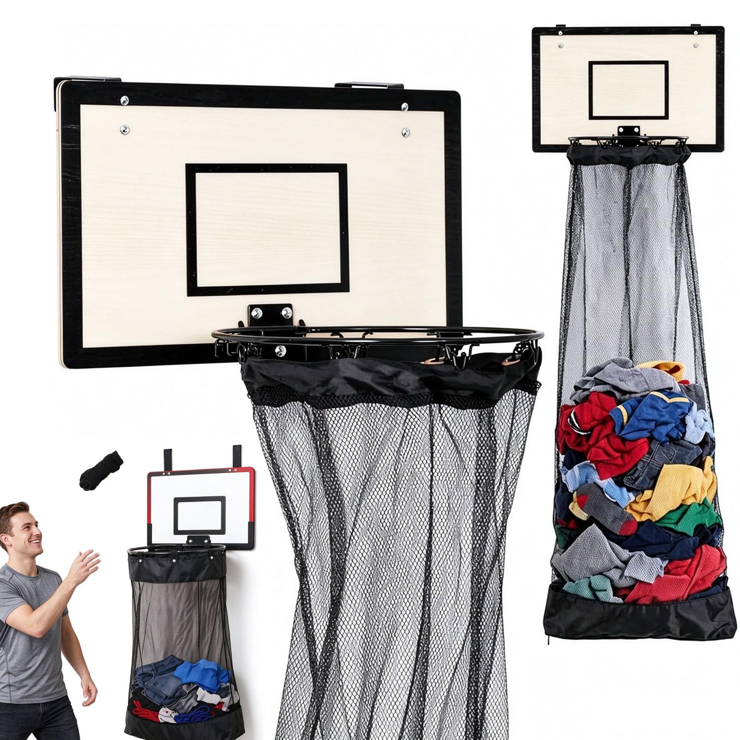 Cestino da Basket 2 in 1, Cestino Biancheria a Forma di Canestro，Nero