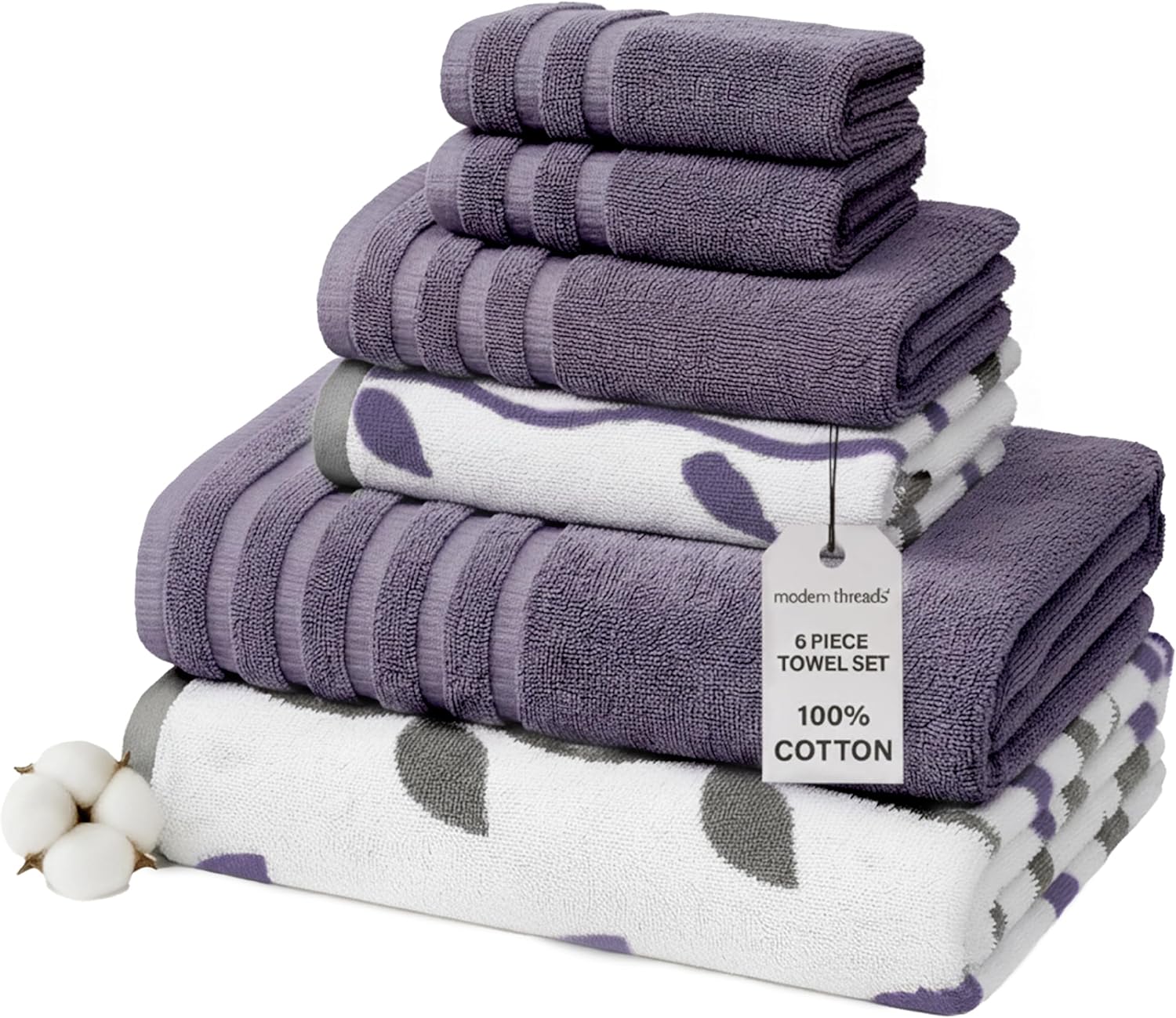Modern Threads Organic Vines 6-Piece 100% Cotton Towel Set – Yarn Dyed Jacquard & Solid – Includes 2 Bath Towels, 2 Hand Towels, 2 Washcloths – Absorbent, Quick Dry, Soft & Durable – Lavender