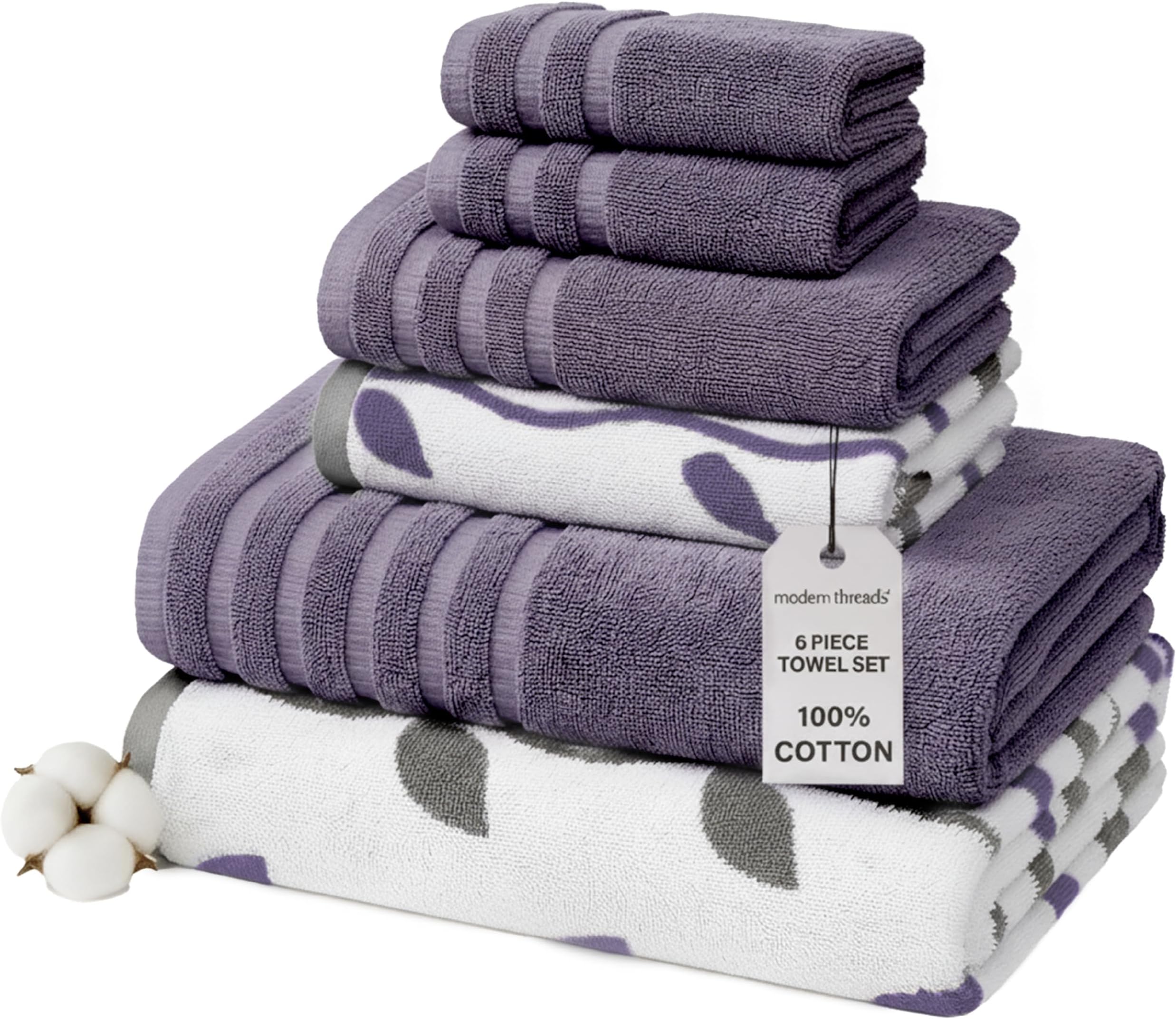 Amrapur Overseas 6-Piece Yarn Dyed Organic Vines Jacquard/Solid Ultra Soft 500GSM 100% Combed Cotton Towel Set [Grey Lavender]
