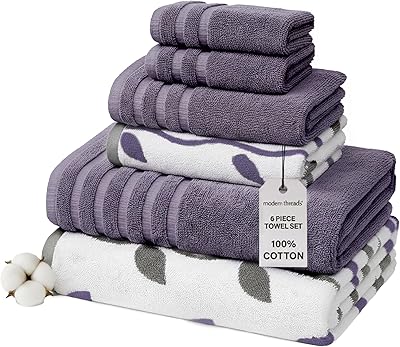 Modern Threads Organic Vines 6-Piece 100% Cotton Towel Set – Yarn Dyed Jacquard & Solid – Includes 2 Bath Towels, 2 Hand Towels, 2 Washcloths – Absorbent, Quick Dry, Soft & Durable – Lavender