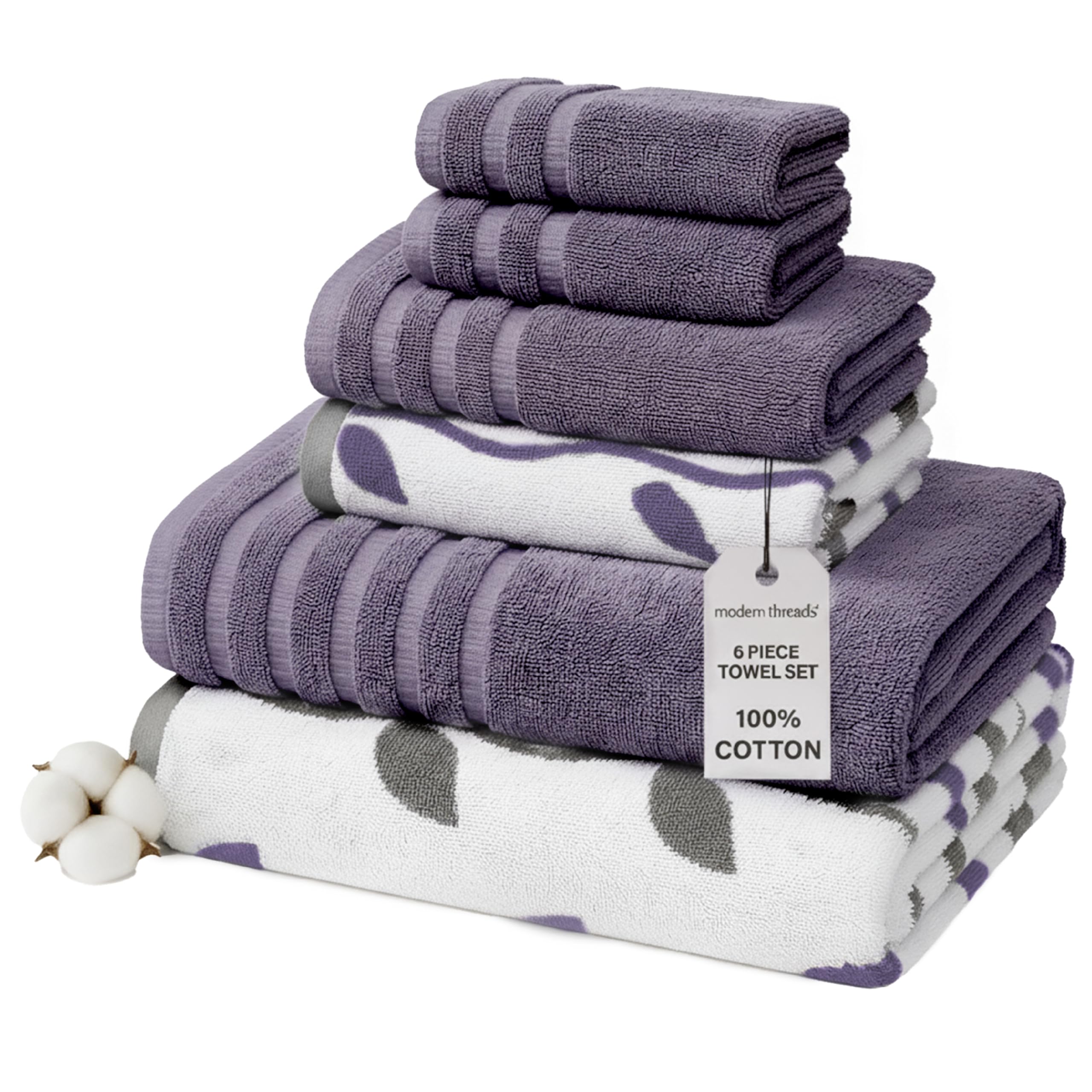 Modern Threads 6 Piece Yarn Dye Towel Set Organic Vine Grey Lavender Bath Towel, Hand Towel, Washcloth - Ultra Absorbent & Fast Drying - 100% Combed Cotton