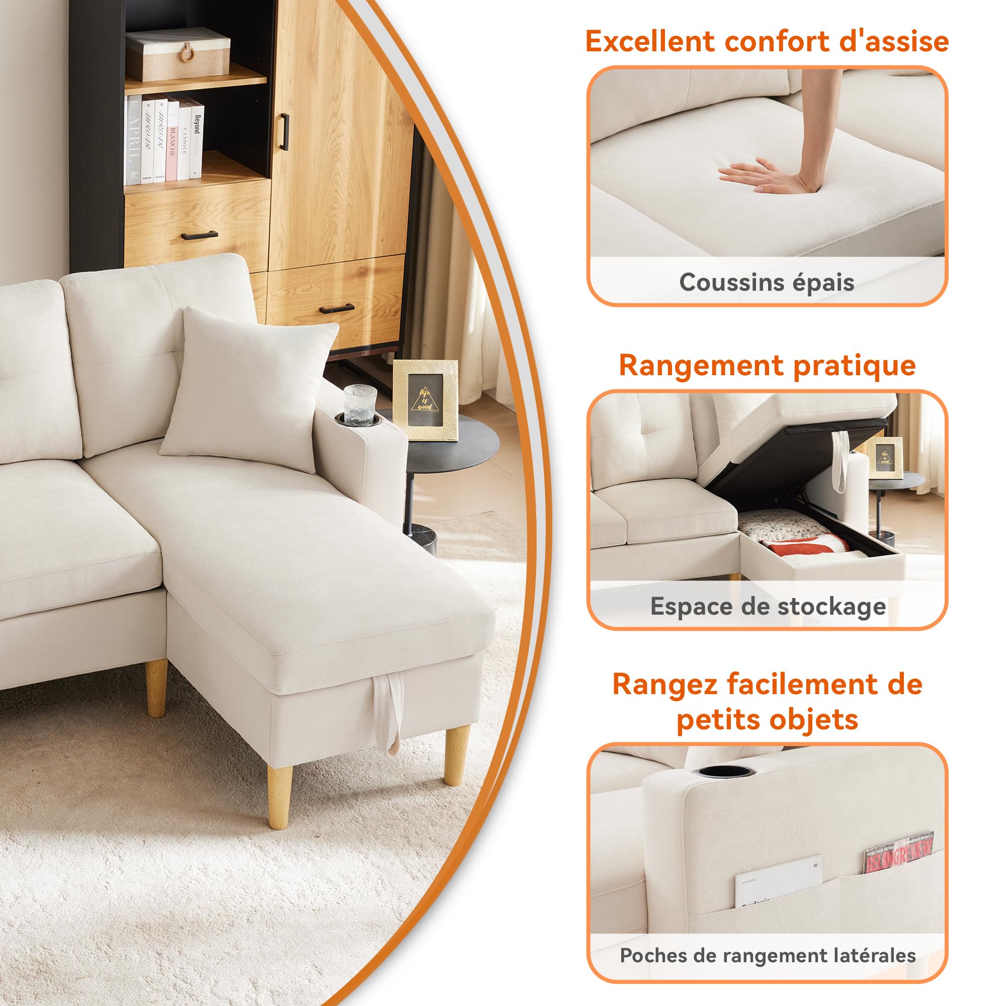 Merax Ecksofa mit Schlaffunktion, Bettkasten & Stauraum – Schlafcouch mit Getränkehalter und Seitentaschen – modernes L-Sofa für Wohnzimmer & Gästezimmer