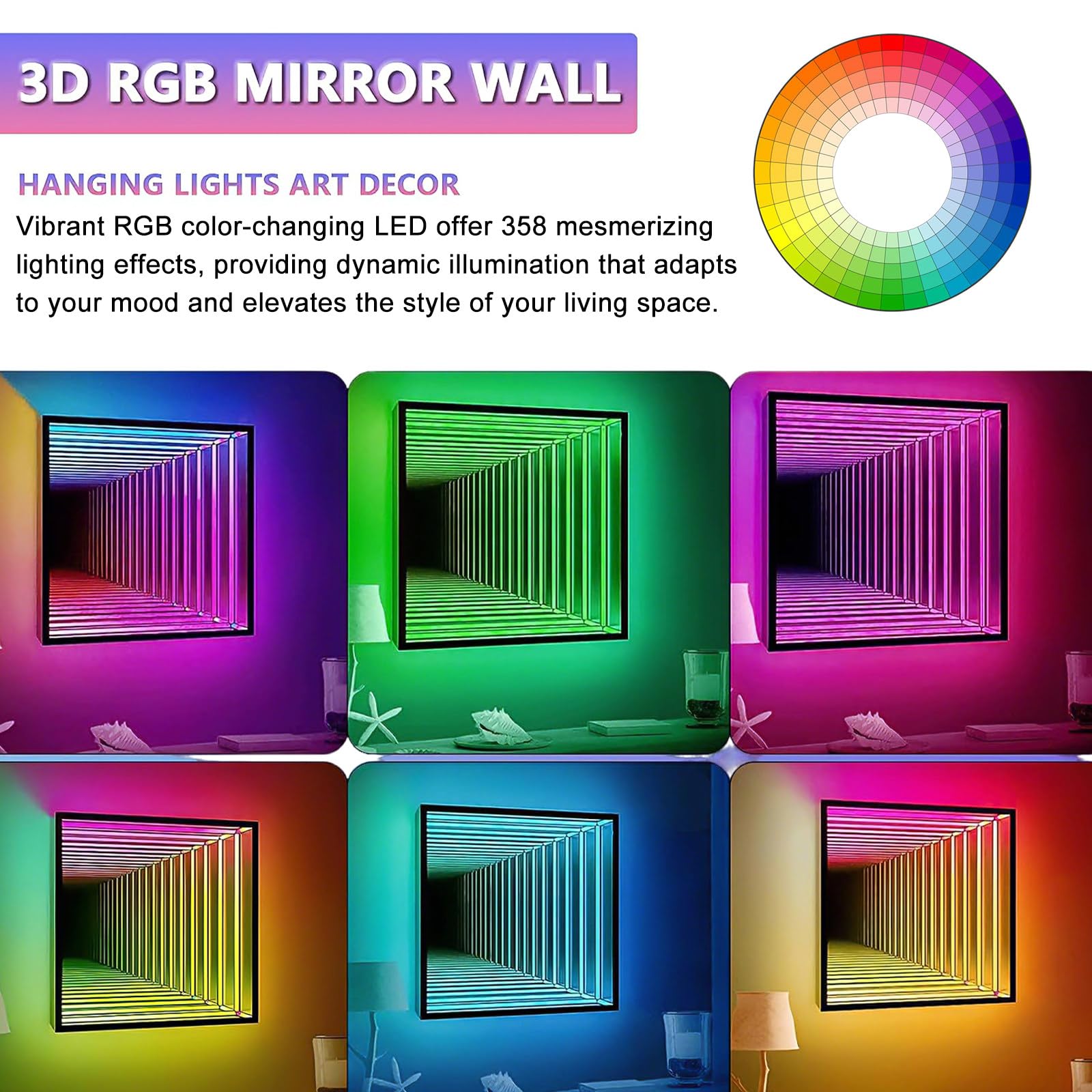 Intelligente RGB-Infinity-Spiegel-Wandleuchte, 3D-LED-Nachtlicht mit App- Und Fernbedienungssteuerung, 358 Farbmodi, Für Gaming-Zimmer, Schlafzimmer Und Bar-Dekoration Square-50cm