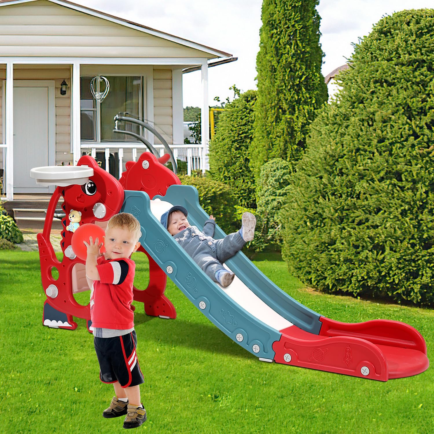 Scivolo per bambini 4 in 1 – con Cestino da basket & Giochi educativi, Scivolo pieghevole per interni ed esterni, da 1 a 3 anni, Rosso
