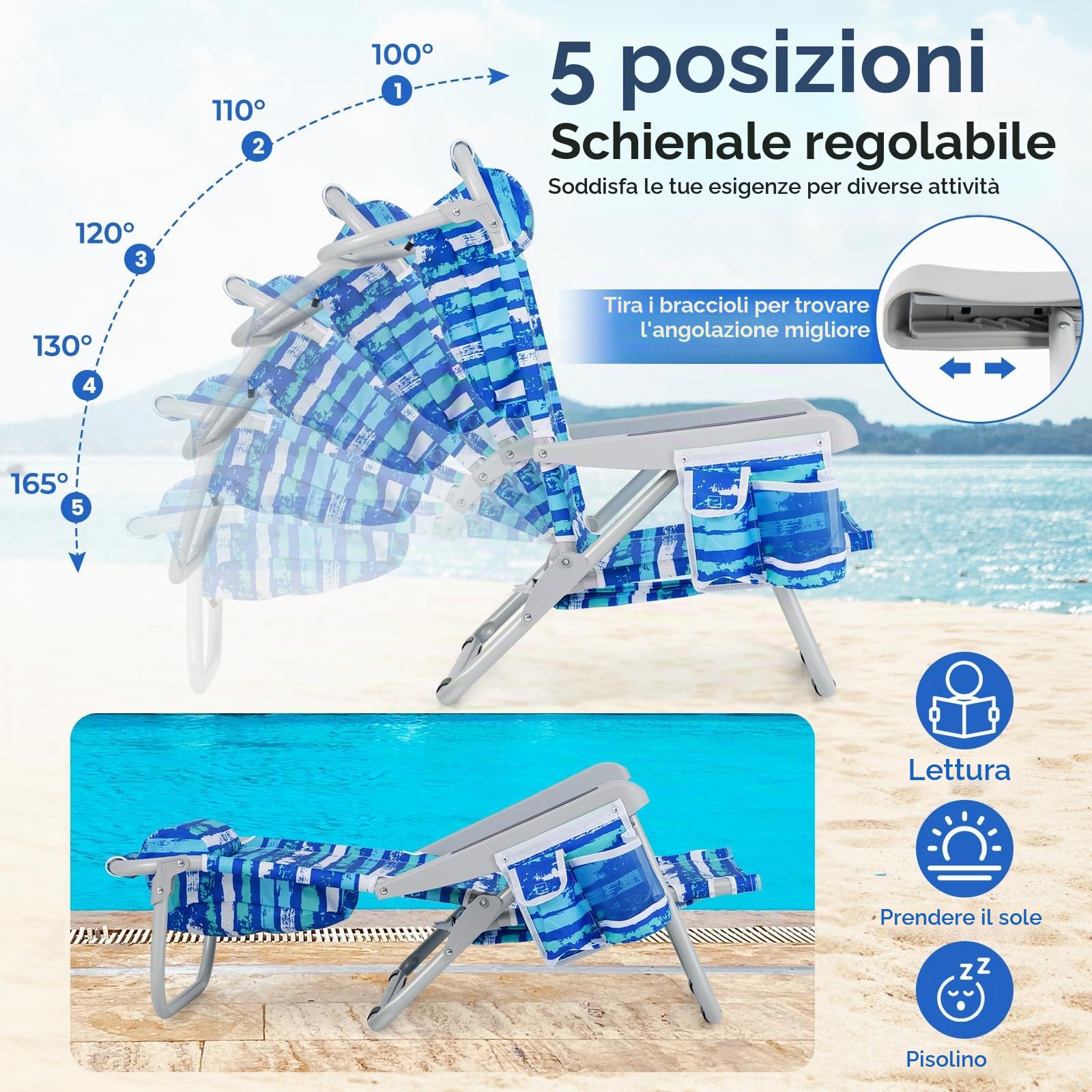 KOMFOTTEU Sedia da Spiaggia con Poggiatesta e Tasca Laterale，Strisce Blu：1 | Spiaggina Pieghevole con Schienale Regolabile in 5 Posizioni, Carico 150 kg, Lettino Prendisole da Mare, Campeggio, Pesca