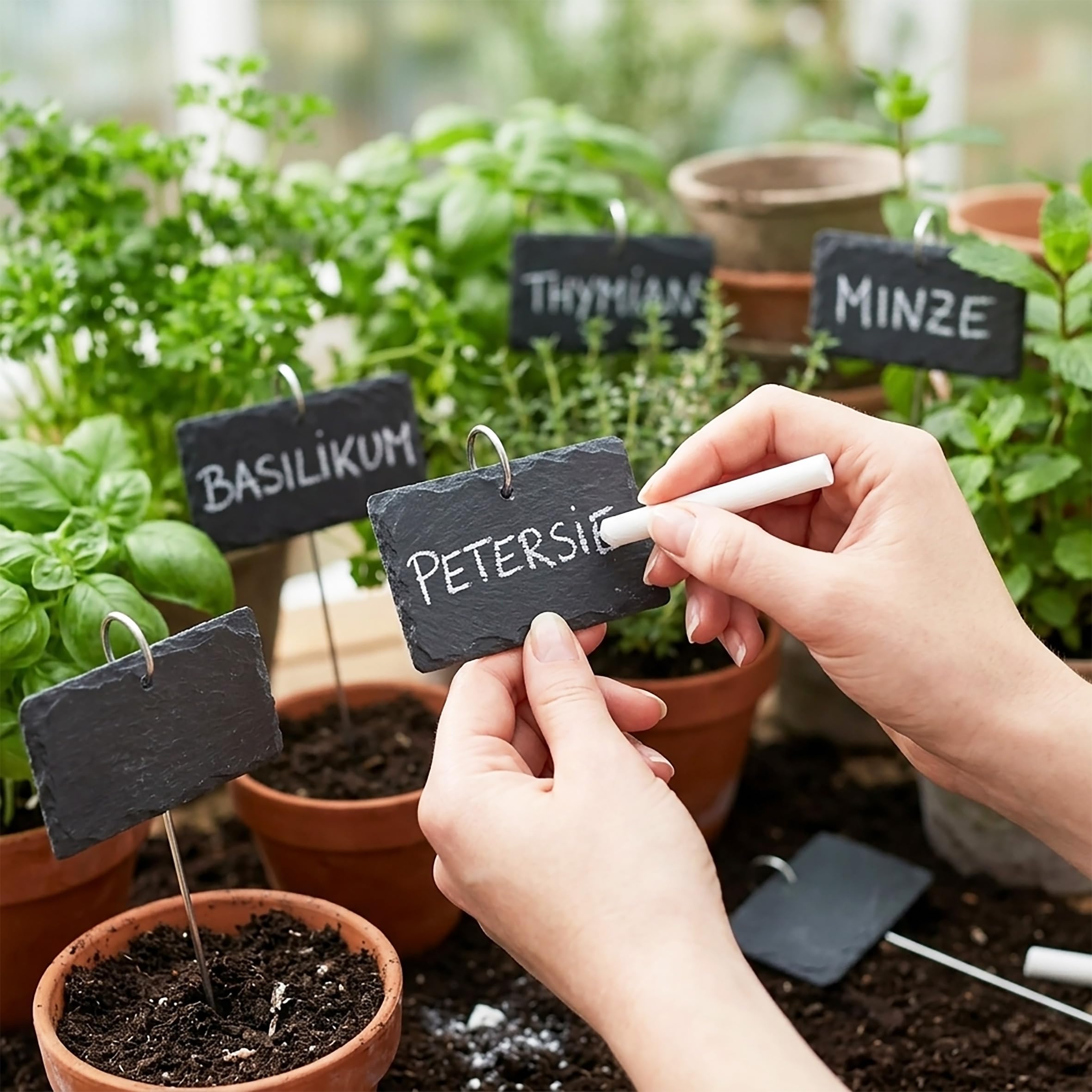 Lot de 12 plaques en ardoise avec piquet de terre - 10 x 7 cm - Avec piquet en métal - Résistant aux intempéries - Pour jardin, parterre et herbes