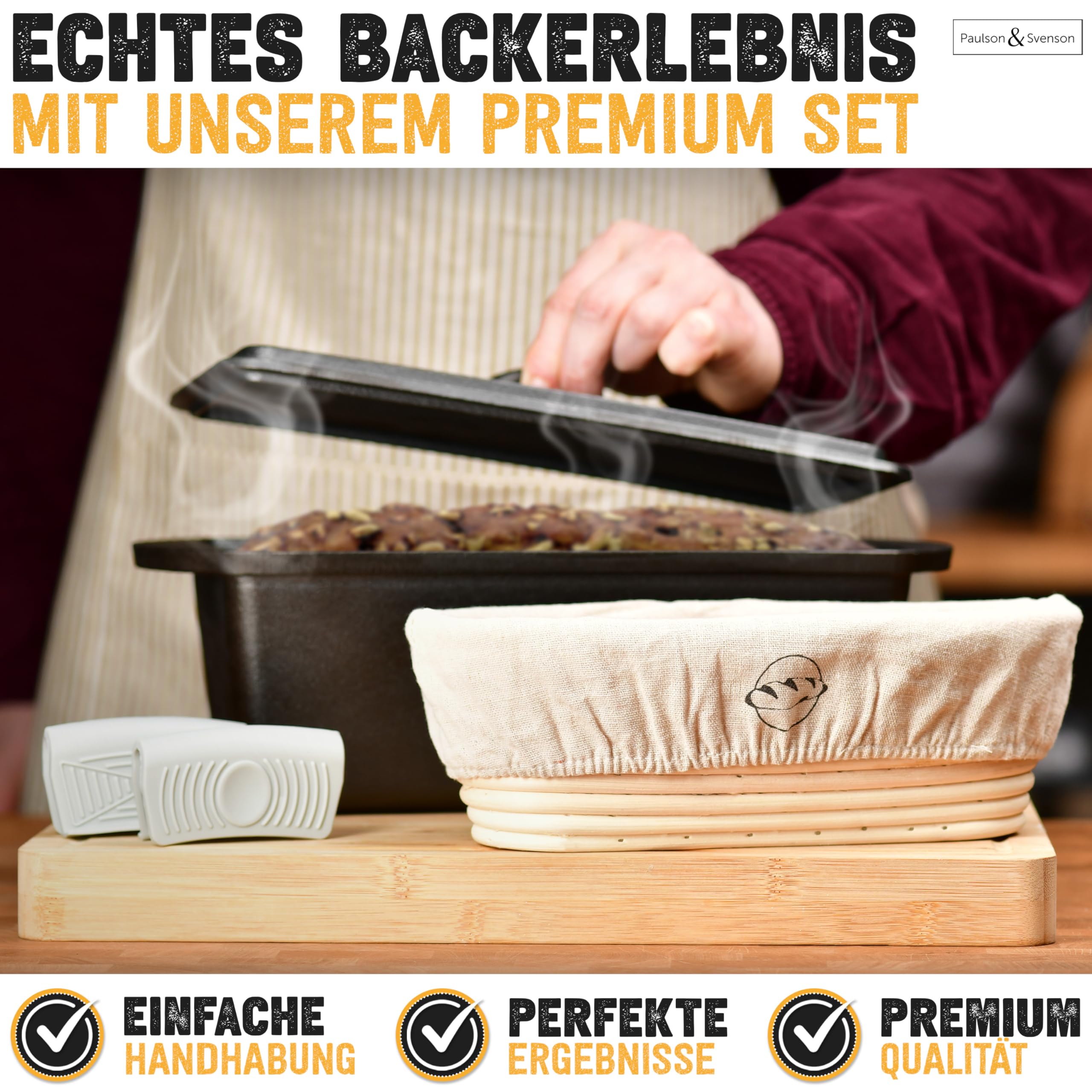 Paulson & Svenson - Brotbackform mit Deckel inkl. Gärkorb & Silikongriffe - Brotform aus Gusseisen zum Backen, Kochen, Grillen - Brottopf/Gusstopf in Kastenform (rechteckig) für frisches Kasten-Brot