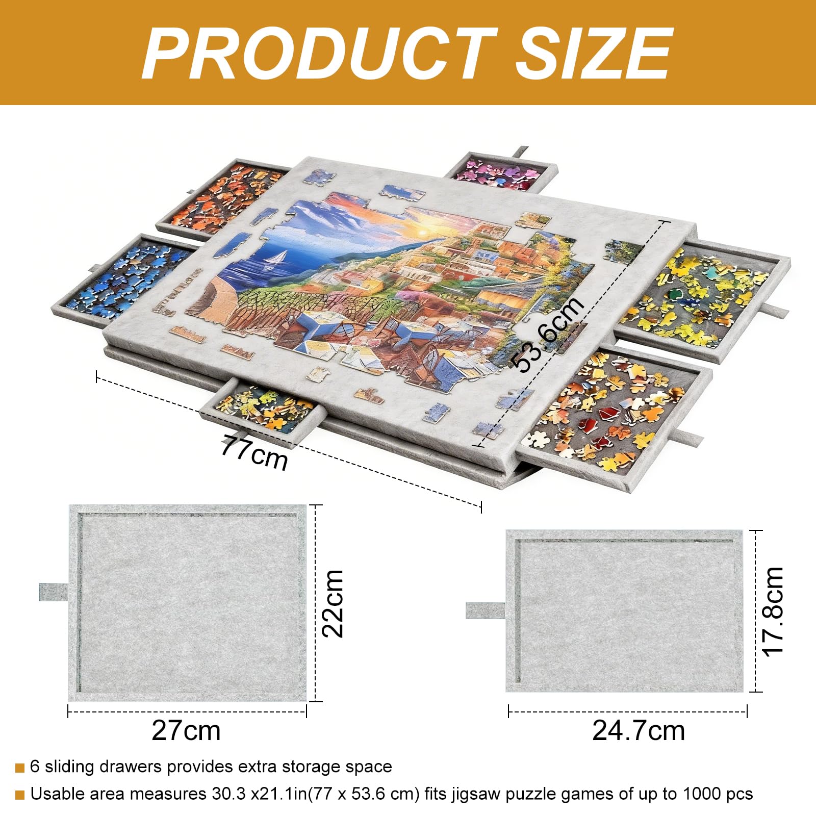 Tapis Puzzle Feutre 1000 pièces, Portable Plateau à Puzzle Portable avec 6 Tiroirs et Couvercle, Accessoires de Puzzle pour Adultes et Enfants, Gris Clair