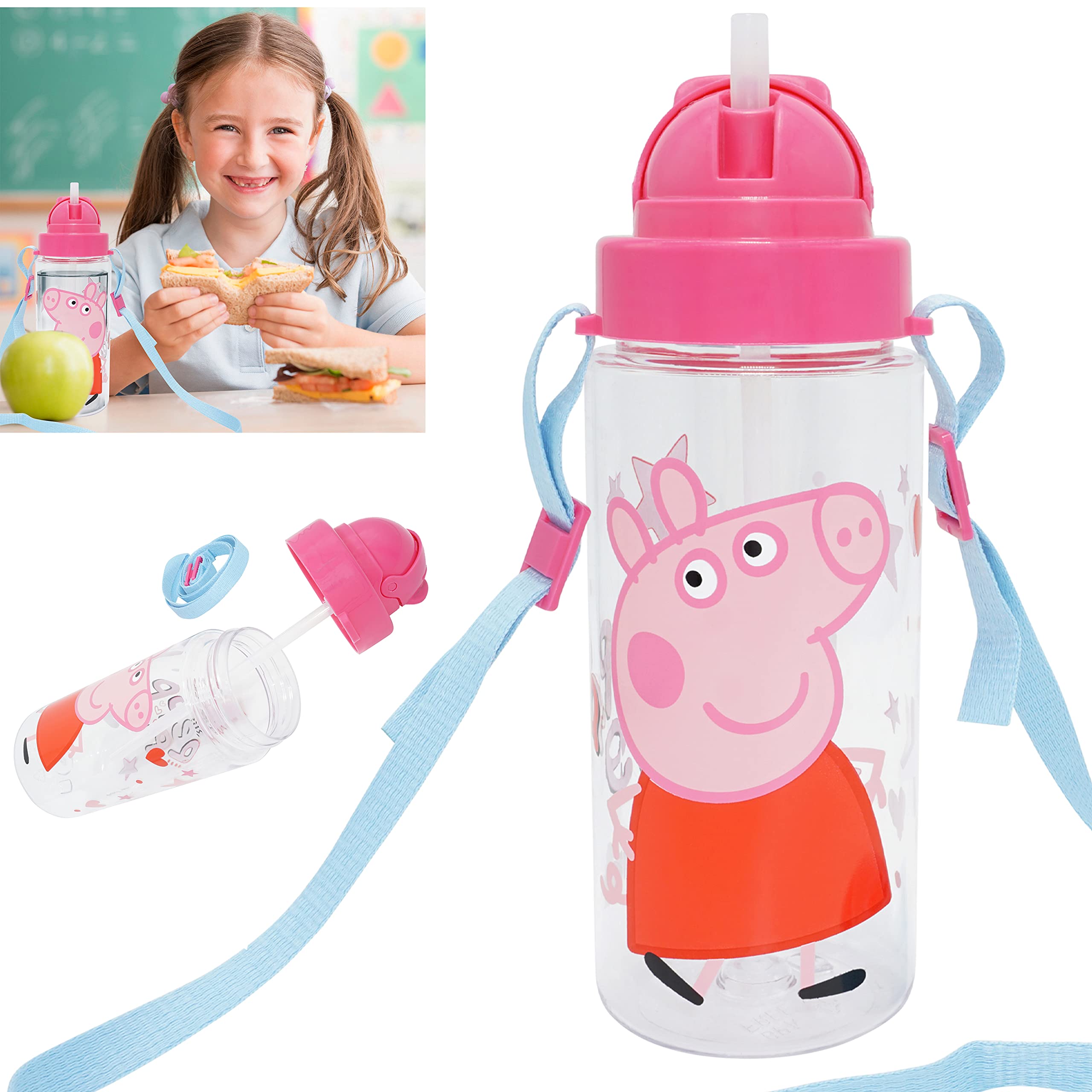 HOVUK Peppa-​Pig - Botella de agua para niños de 500 ml, sin BPA, boca ancha y ligera, a prueba de fugas, para niñas de 3 años