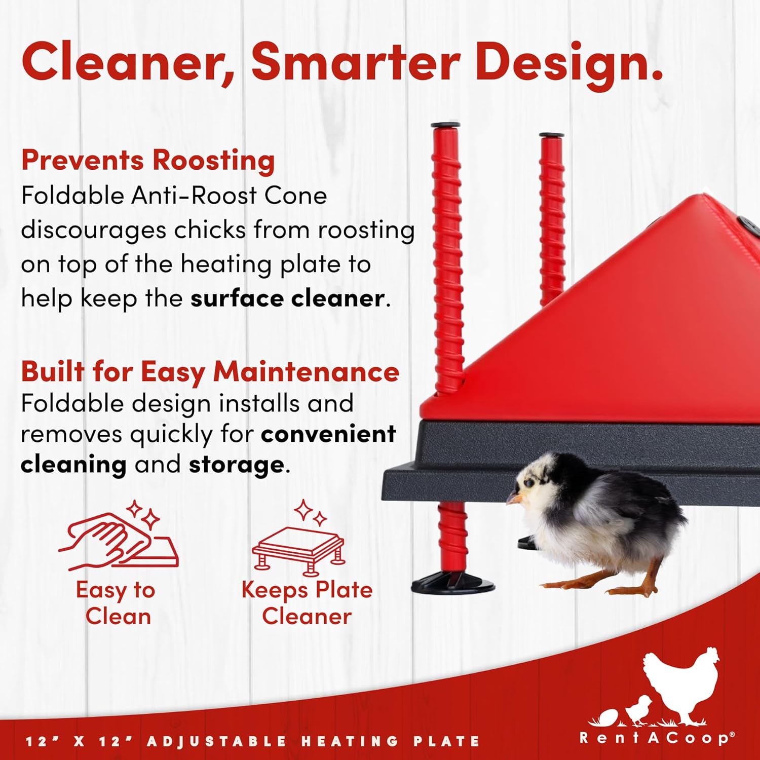 RentACoop 12x12” Adjustable Heating Plate with Bonus Foldable Anti-Roost Cone for up to 20 Chicks | Chick Brooder Heat Plate – Energy-Efficient 22-Watt Chick Heater - Safer Than Heat Lamps