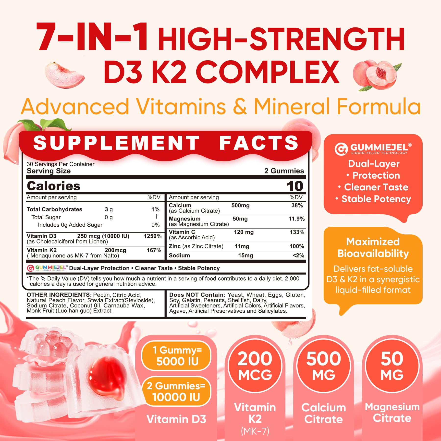 Vitamin D3 K2 Gummies 5,000 IU / 10,000 IU, Calcium + Magnesium,Vegan,60Cts — Amazon image 2