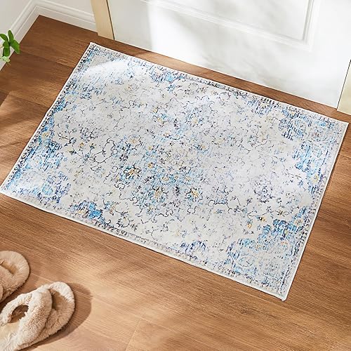 TECHMILLY Alfombra vintage de estilo bohemio para entrada, alfombra lavable de 2 x 3 pies, tapete antideslizante para puerta delantera, tapete