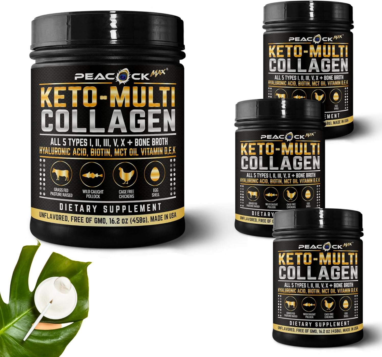 Multi Collagen Protein Powder 16.2 oz (4 Pack) | 5 Types with Bone Broth, Hydrolyzed Peptides, Biotin & MCT Oil, Unflavored, Supports Skin, Hair, Nails, Joints & Gut Health, Keto Friendly