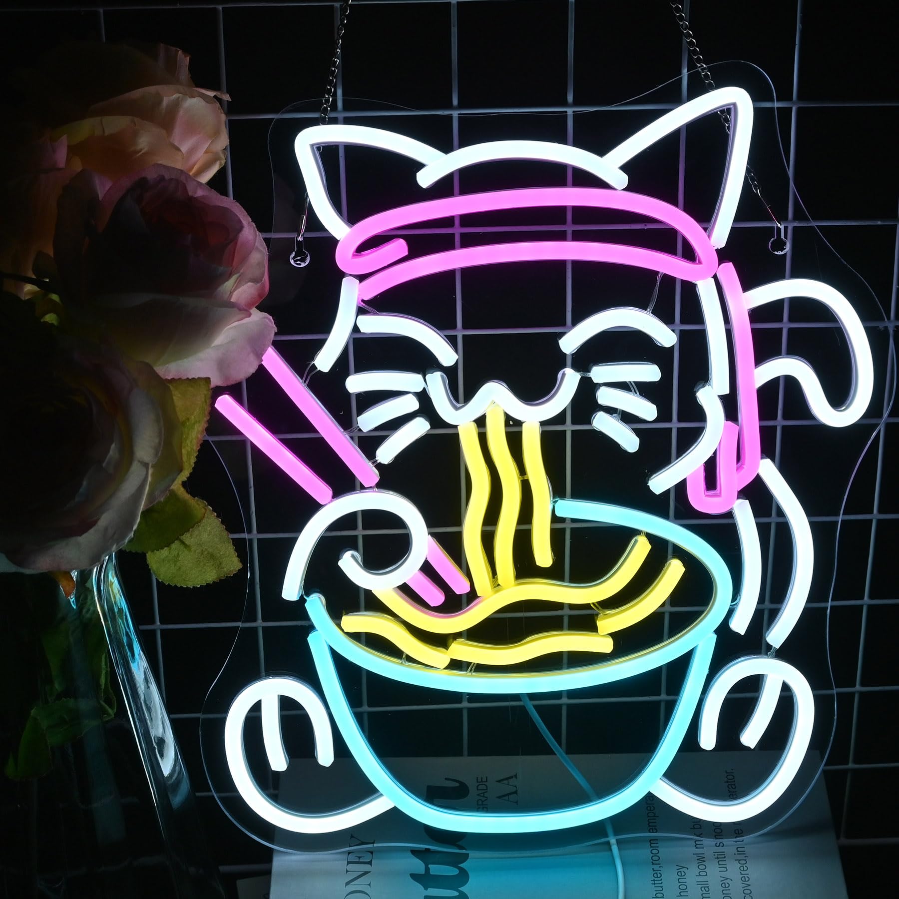 LUCUNSTAR Fortune Cat Ramen Insegna Luminosa Led,Insegne al Neon Per Pareti Giapponese Dimmerabile,Insegne al Neon Per Bar di Casa, Per Cucina, Sala da Pranzo, Decorazioni Artistiche da Parete, Regali