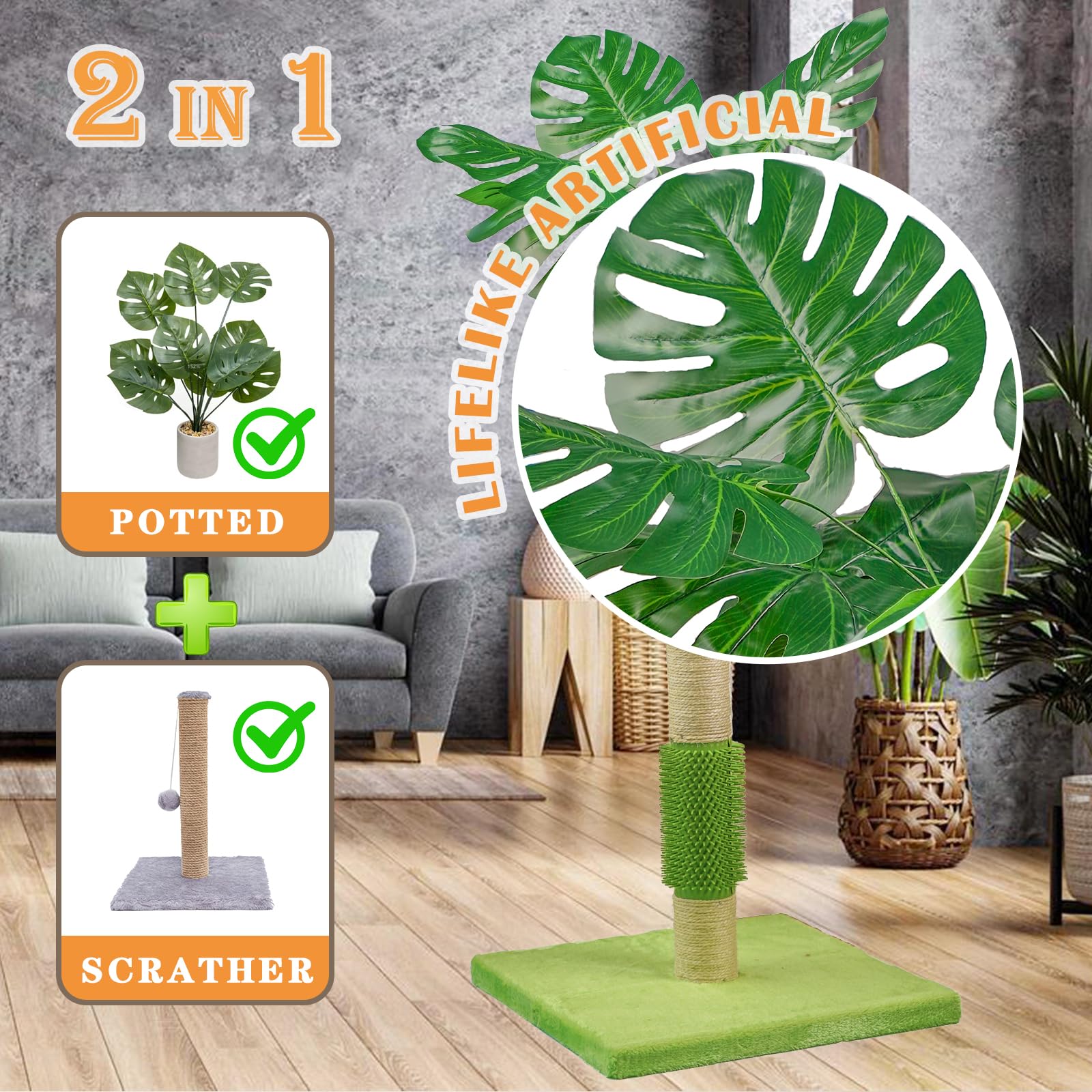 MeowHomm Kratzbaum, Katzenspielzeug Monstera Deliciosa für Indoor-Katzen mit natürlichem Sisal-Kratzstab, hängenden Sisalseilen und Bällen, niedlicher 101,6 cm hoher Katzenkratzer für große Katzen und