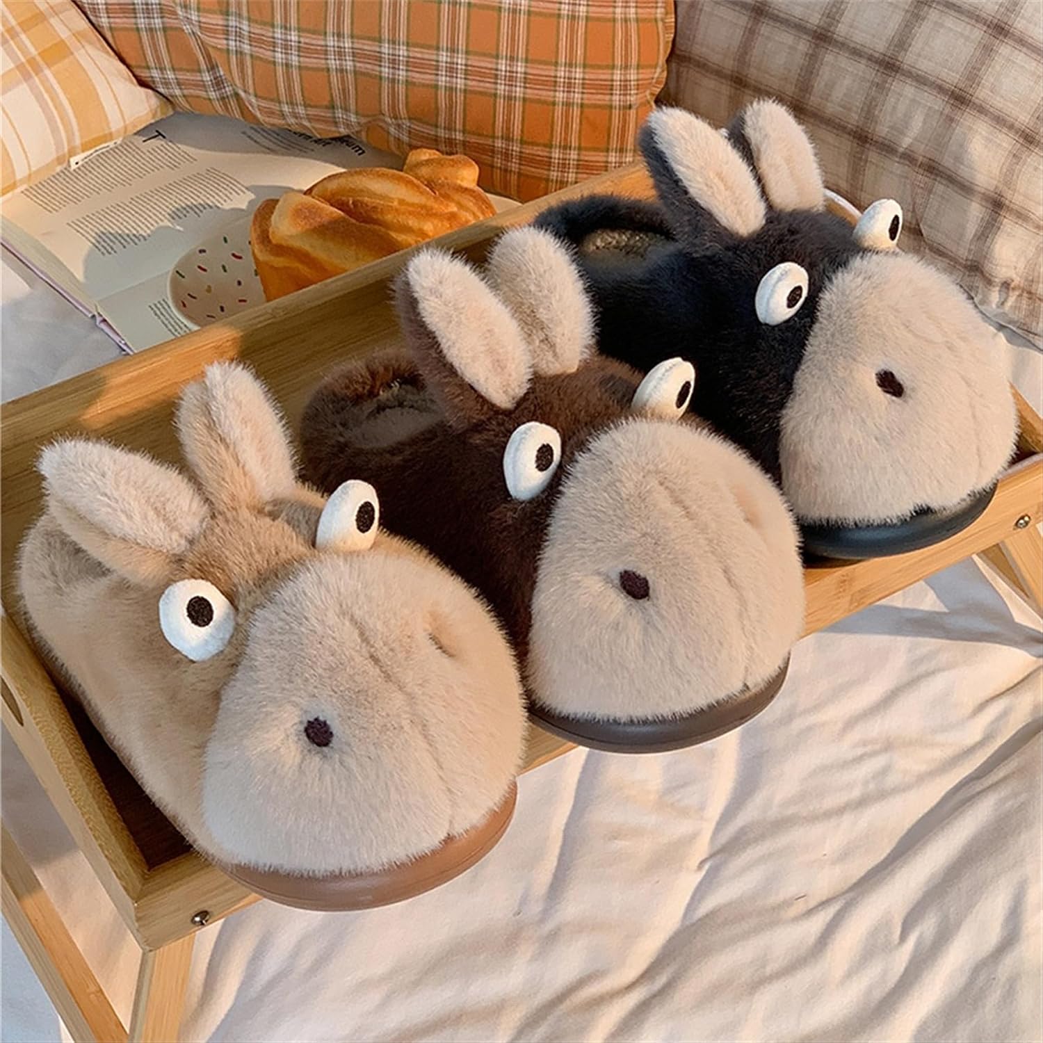 Donkey Animal Slippers for Women Cute Fluffy Cartoon Home Winter Warm Indoor Funny Cotton Men Shoes