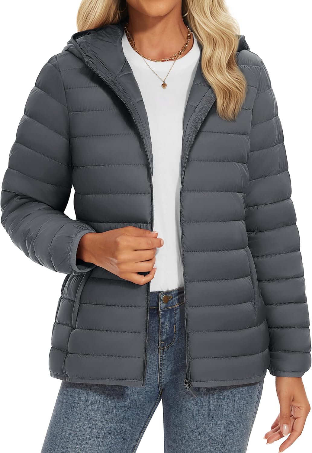 YUCOLEN Women's Puffer Jacket with Hood Lightweight Quilted Padded 4 Pockets Zip-up Coat Winter Jackets for Women