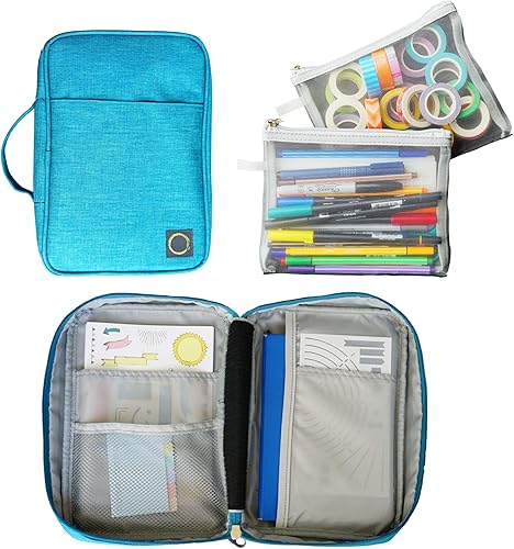 Estuche de almacenamiento de suministros de diario (verde azulado, mediano), organizador de viaje personalizado para planificador A5, bolígrafos,