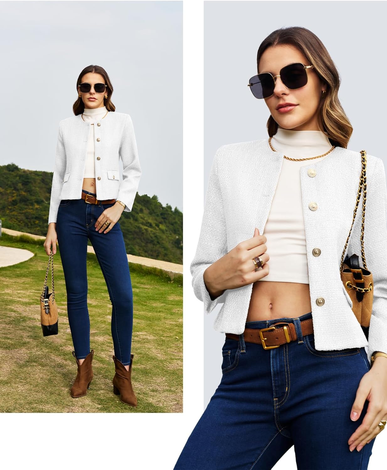 ELLEVEN Women's Cropped Tweed Blazers Collarless Button Down Jacket Business Casual Outfits with Flap Pockets - Image 6