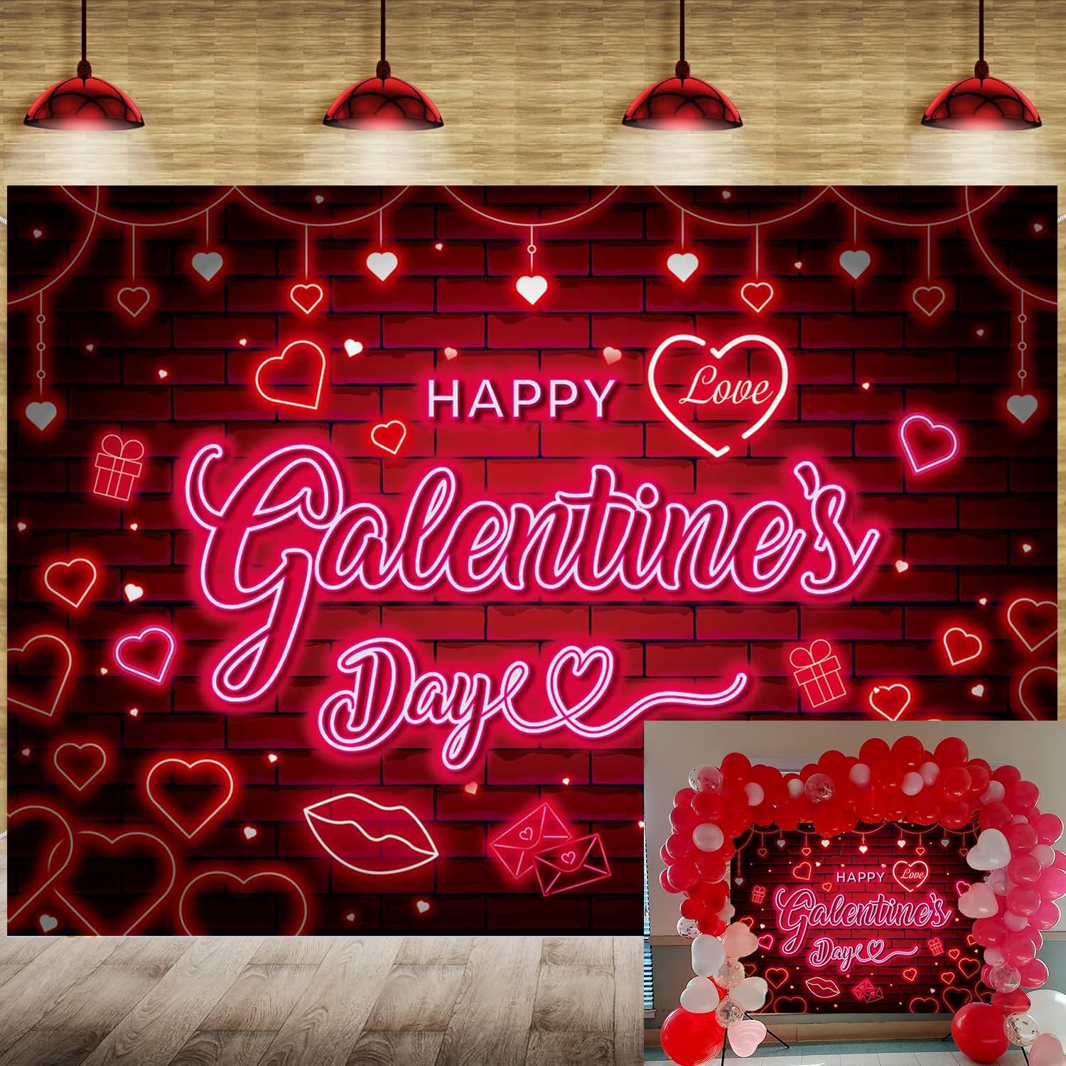 Happy Galentine's Day Banner Backdrop 8x6FT Red Pink Neon Galentines Day Party Decorations Galentine Girls Party Decor Background Happy Galentine's Day Party Decorations (96'x72')