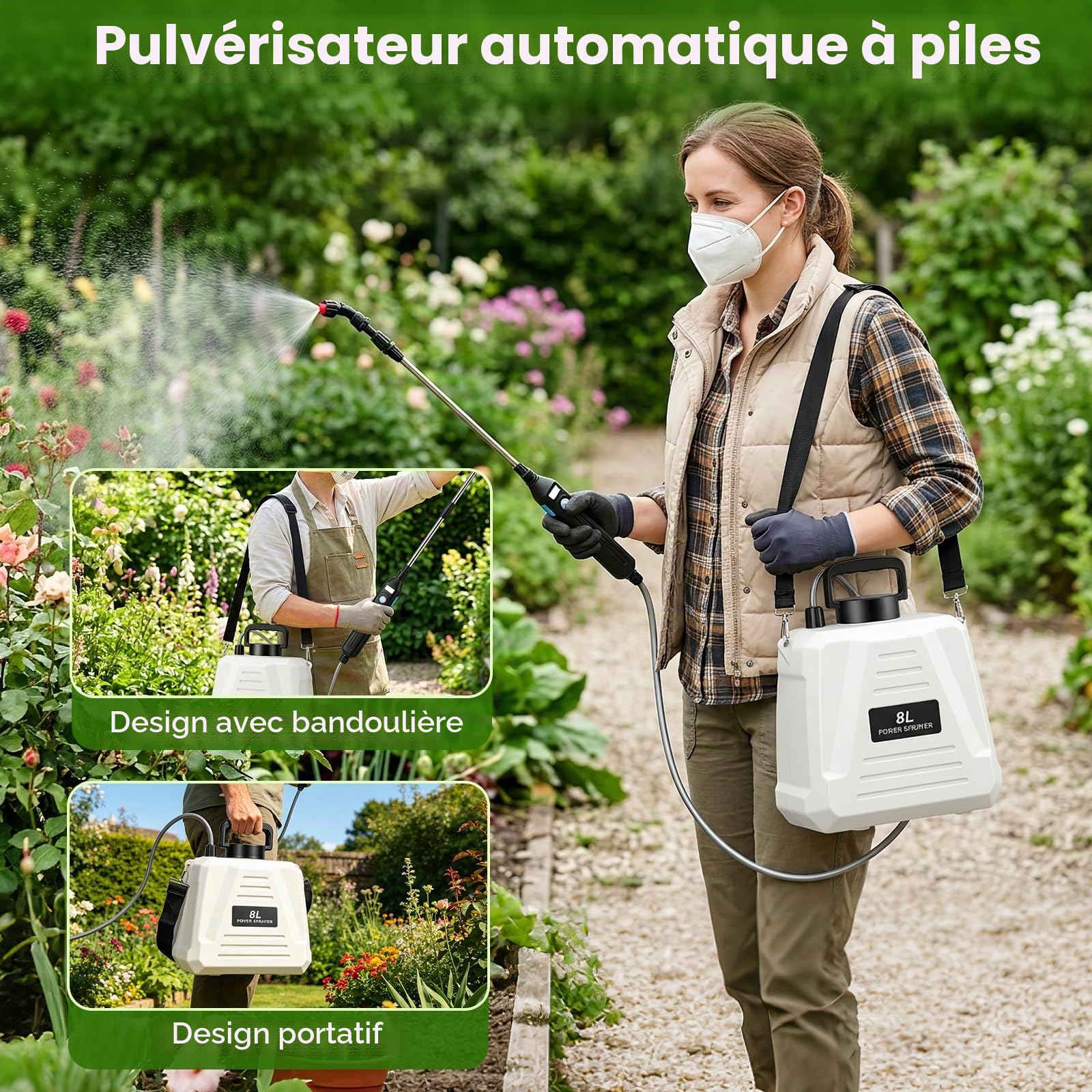 Pulvérisateur Electrique 8l, Pulvérisateur à Batterie avec 3 Buses à Brume, Pulverisateur de Jardin pour Toiture, Pelouse, Cour et Jardin. (Blanc)