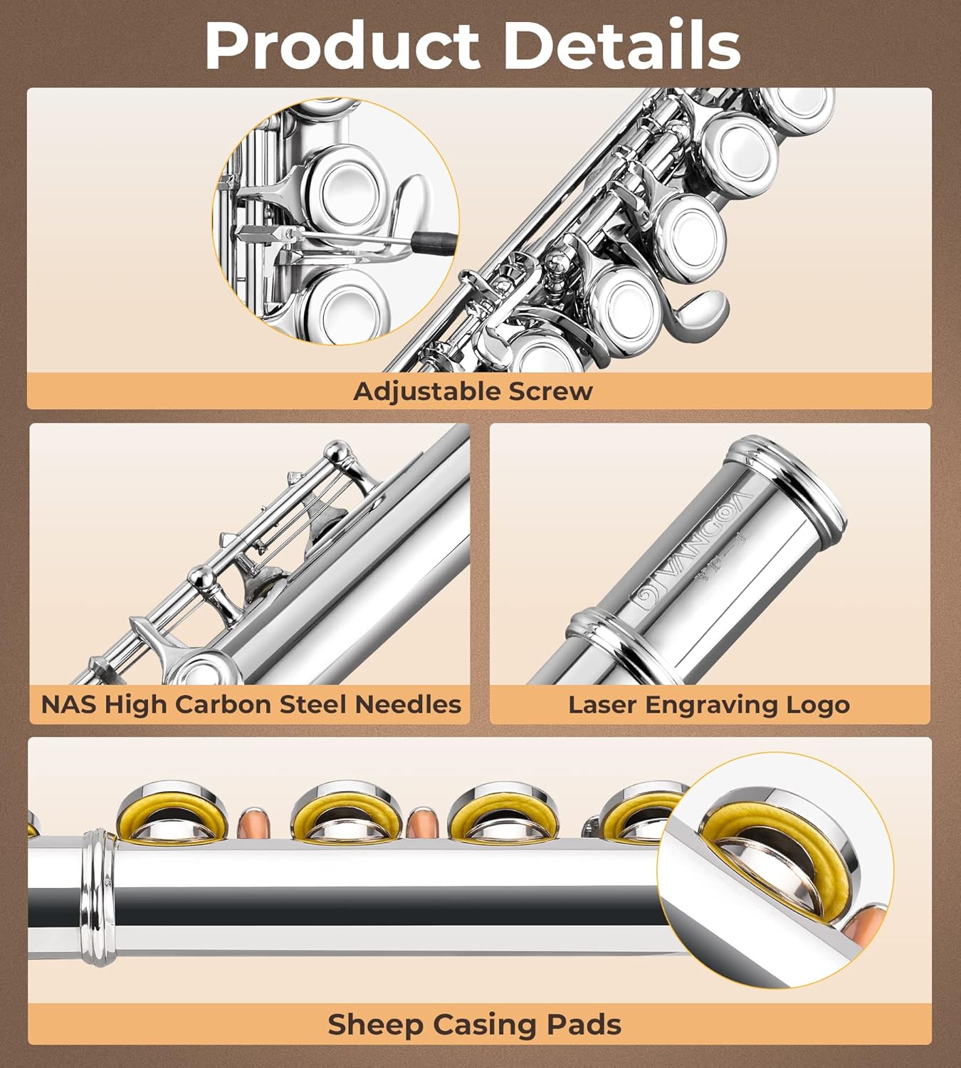 Close-up of flute details including adjustable screw, high carbon steel needles, laser engraved logo, and sheep casing pads