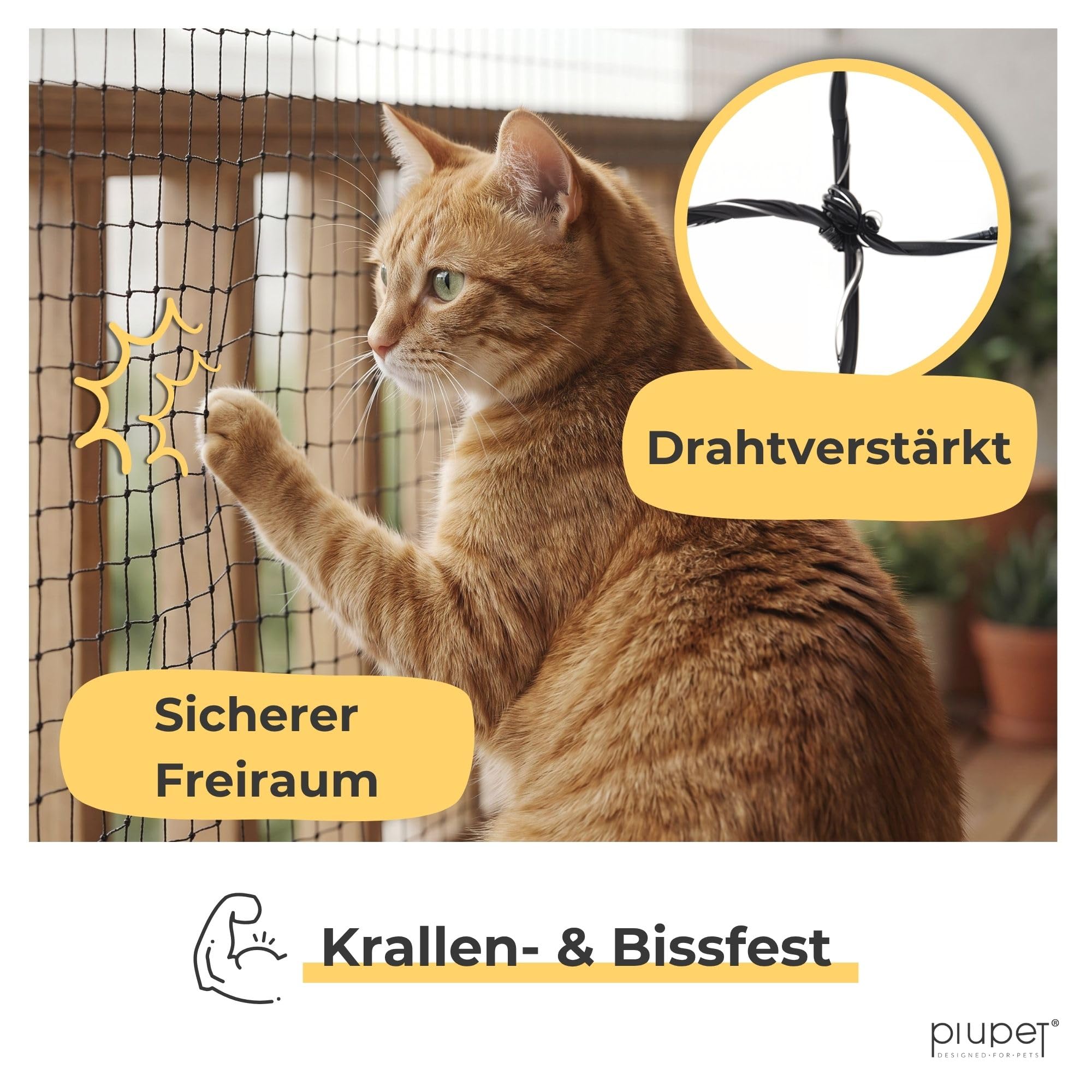 PiuPet® Katzennetz Drahtverstärkt I 8x3m I schwarz I Befestigungsset inklusive I Katzennetz für Balkon | Katzengitter Fenster | Katzen Fensterschutz