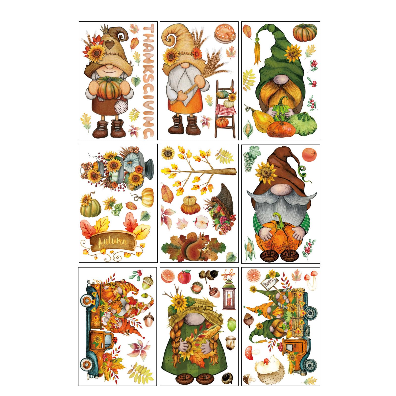 Fall Window Clings 9-Piece Thanksgiving Day Dolls Sticker Set for Home Festival Window Wall Door Decoration Harvest Festival Decals
