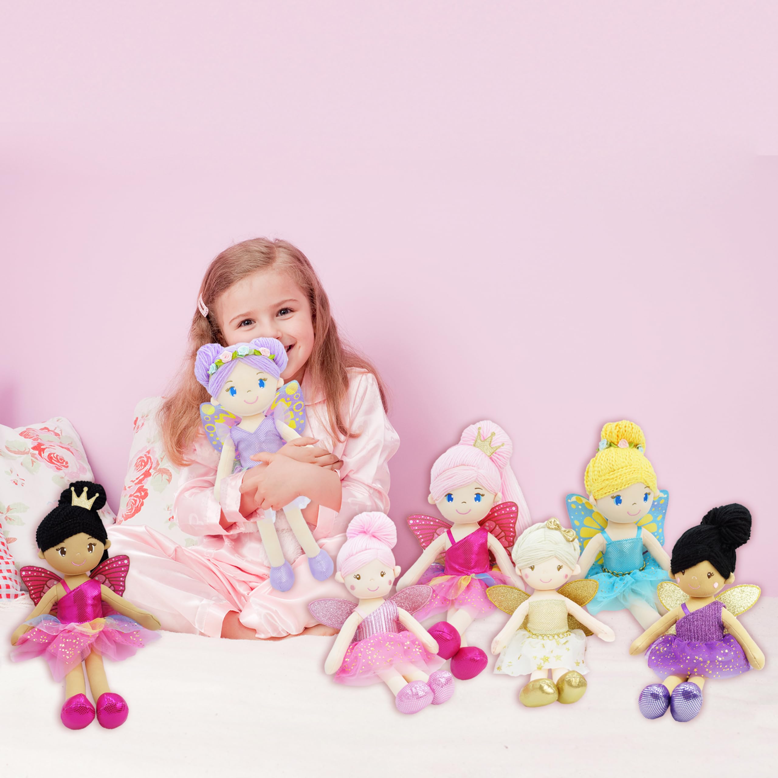 Yaritza - Bambola fatata incantata da 40 cm, morbida bambola di peluche, regalo per ragazza, vestito viola e ali