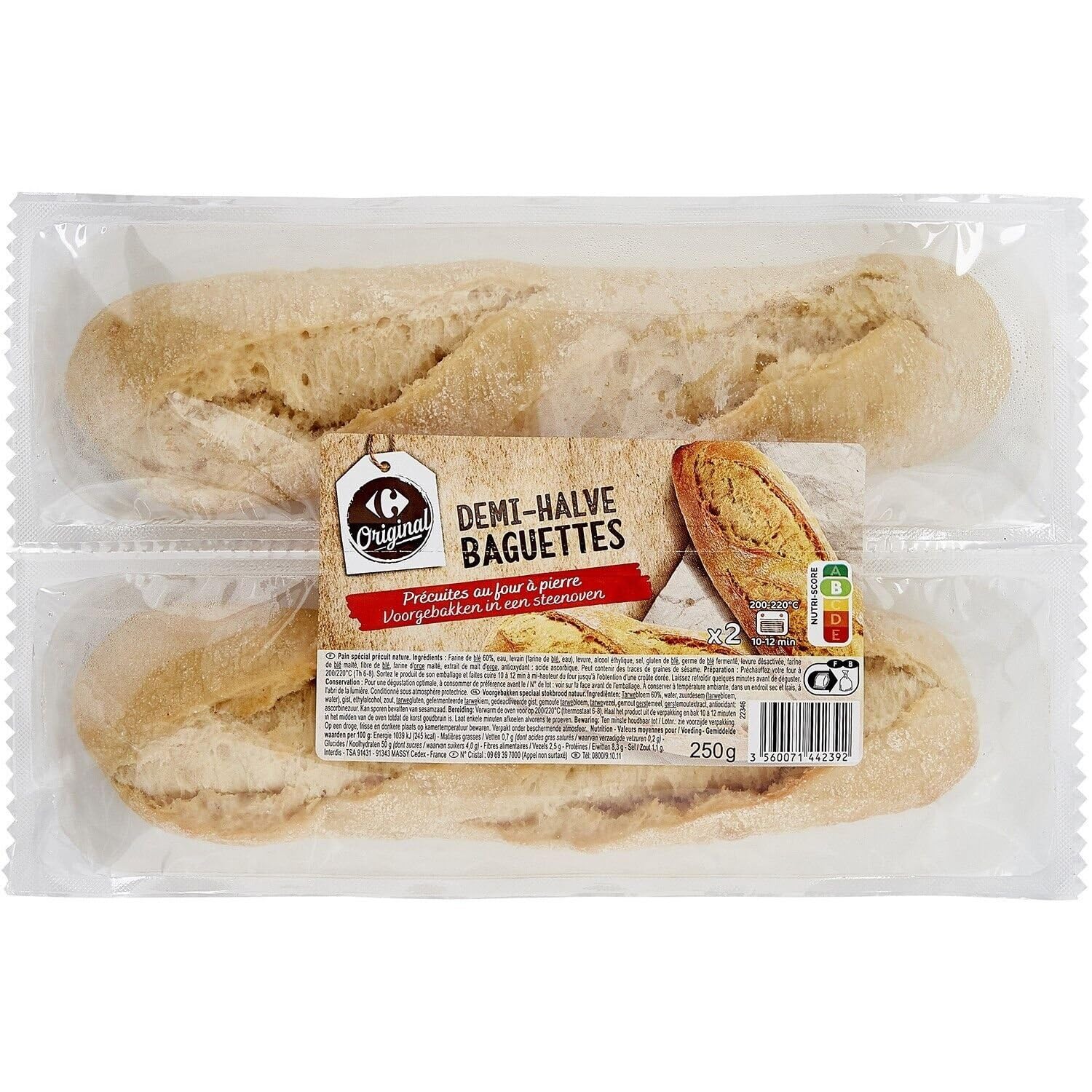 CARREFOUR ORIGINAL – Demi-Baguettes Précuites, Croûte Dorée et Mie Légère, Prêtes en 10 min (2x250g) - Le Lot De 4