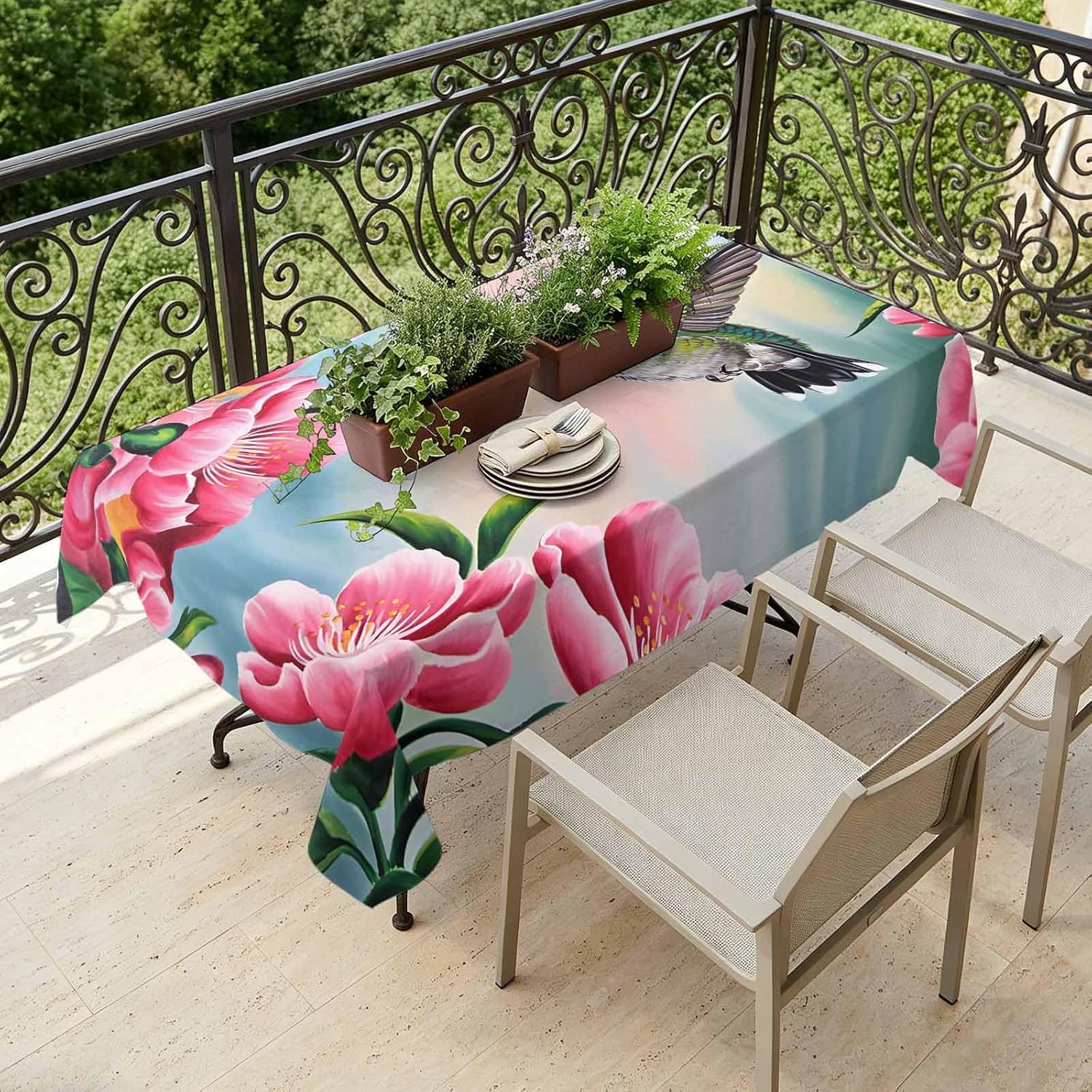 Rectangle Tablecloth,Hummingbird Flower Peach Blossom Waterproof Oil-Proof Table Cloth Kitchen Dining Tables Cover for Indoor Outdoor Wedding Holiday Party Decor,Nature Oil Painting Art
