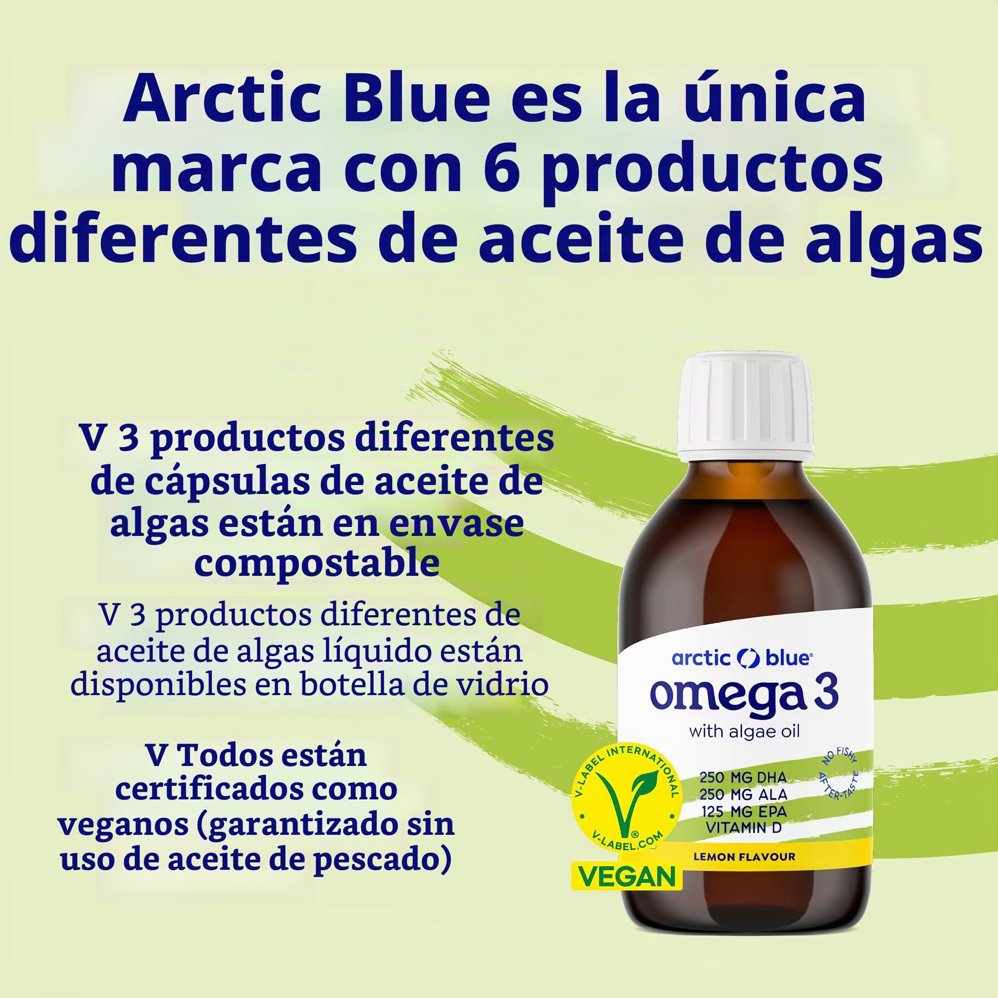 Arctic Blue Aceite vegano Omega 3 Premium – 150 ml – 250 mg DHA & 125 mg EPA & 250 mg ALA por porción – Contiene aceite de algas y aceite de cáñamo, con vitamina D, alta dosis, vegano y líquido