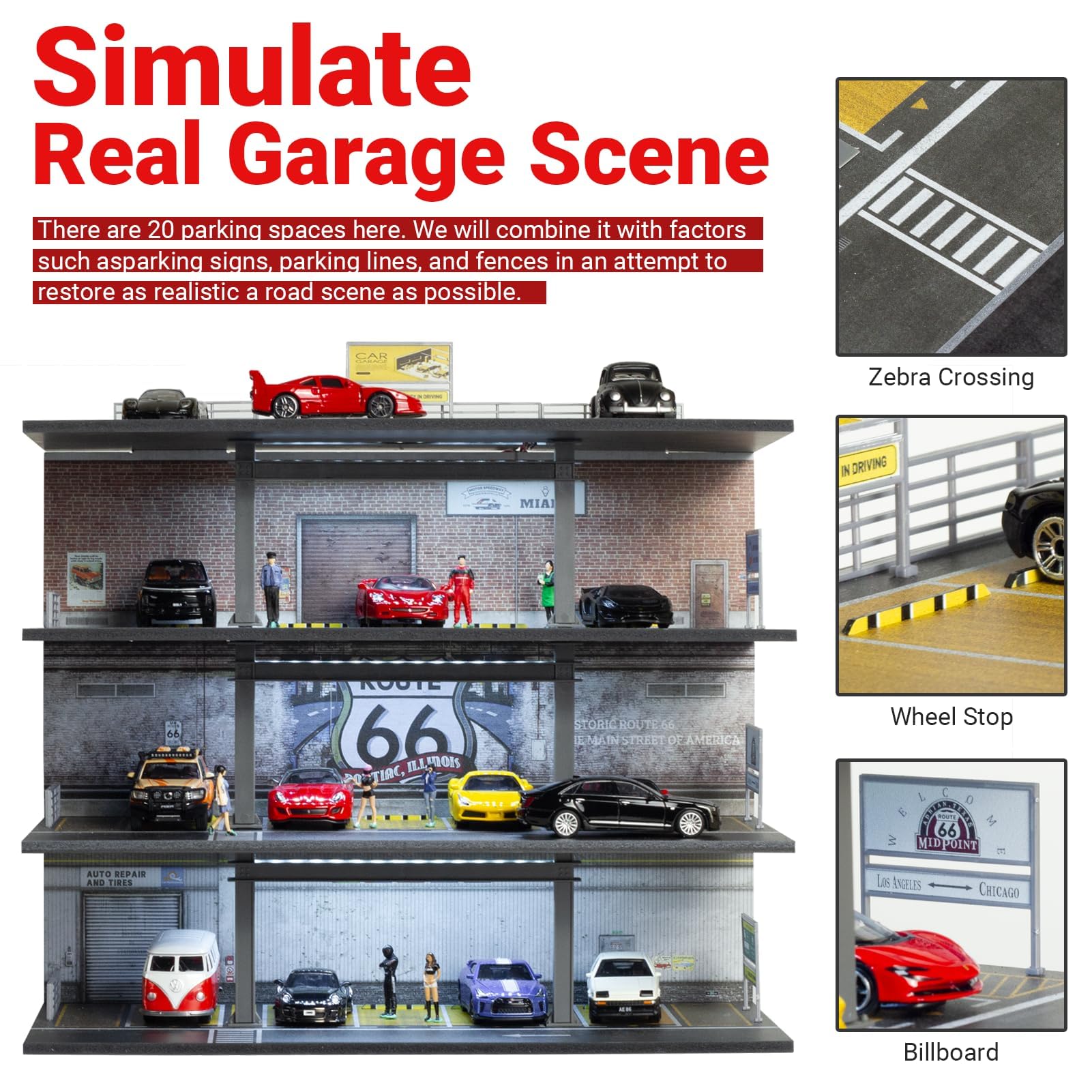 1:64 Diorama Garage Modello, Illuminazione LED 4 piani Parcheggio Scena Display Case, per 1:64 Diecast Modellino Auto Vetrina Modello, Edificio