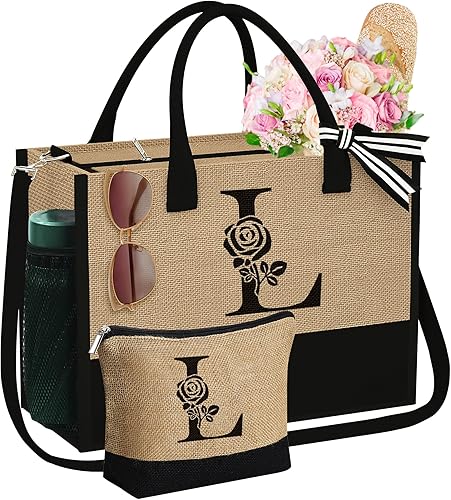 Regalos para el día de la madre bolsa de yute inicial con cremallera, regalos de cumpleaños personalizados para mujeres, regalo de graduación para