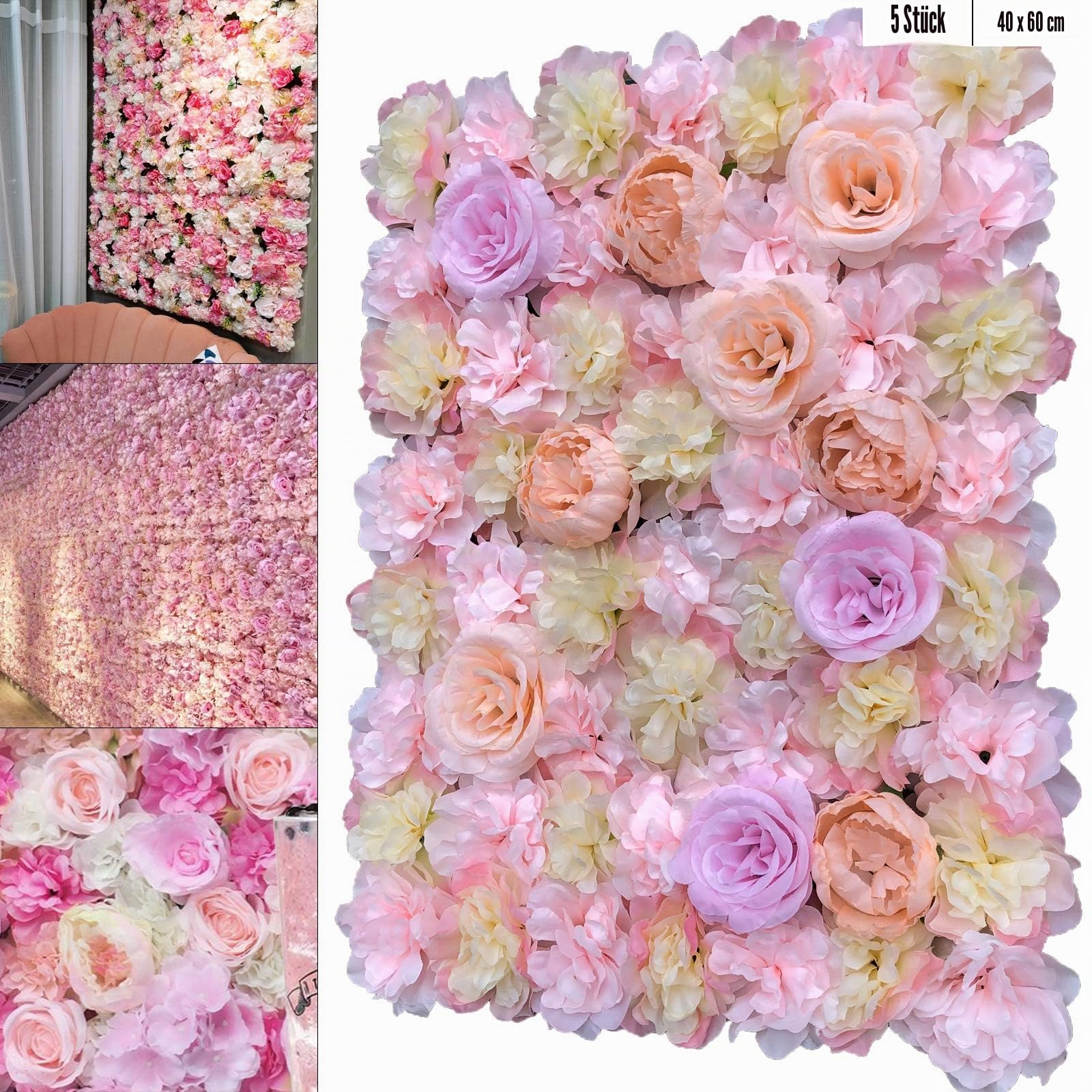 Künstliche Blumenwand Rosenwand,40 x 60 cm Blumenwand Hochzeit Kunstblumen Deko,DIY Hochzeit Straße Hintergrund (5 Stücke)