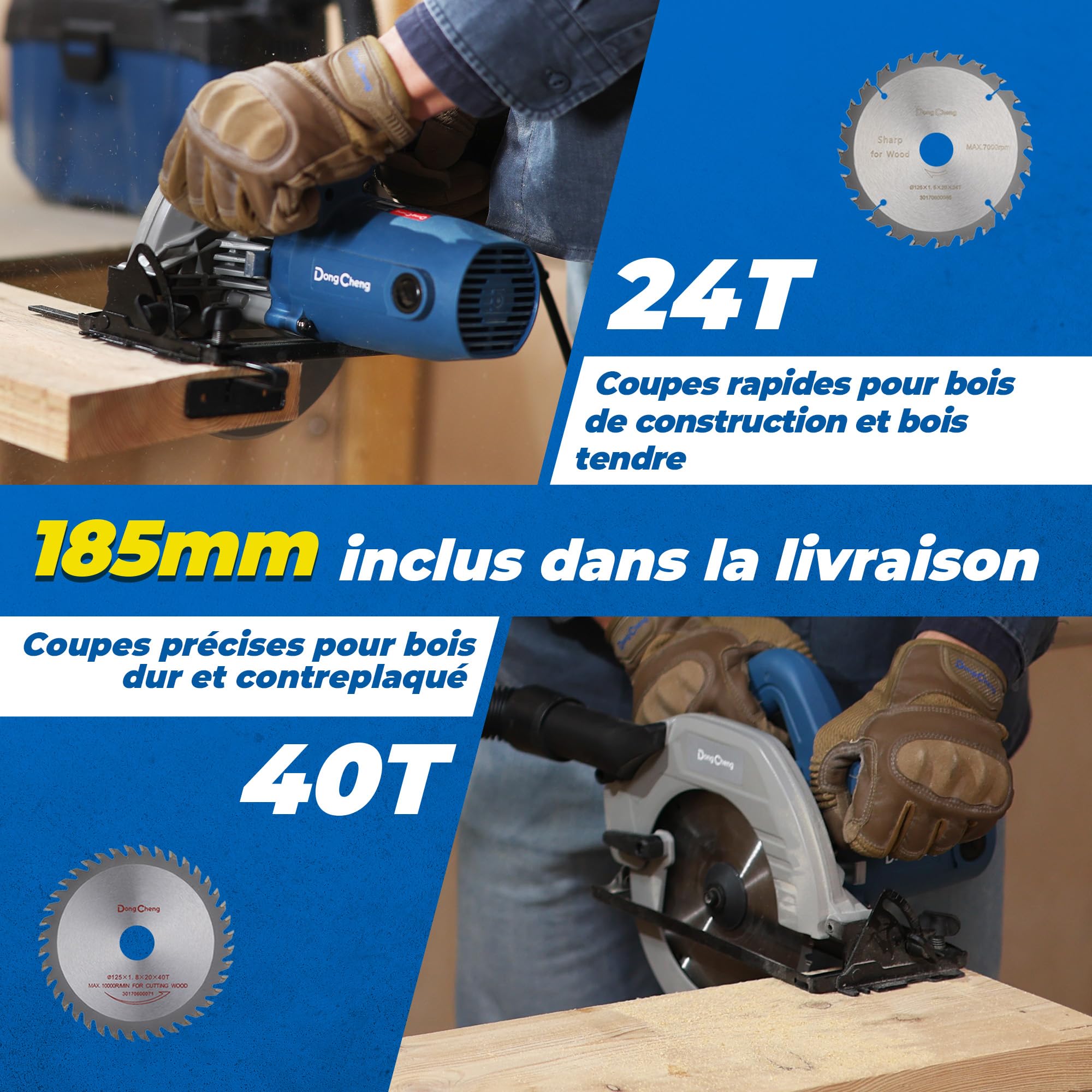 DongCheng Scie Circulaire 1500W, Ø185mm, Profondeur de Coupe 64mm