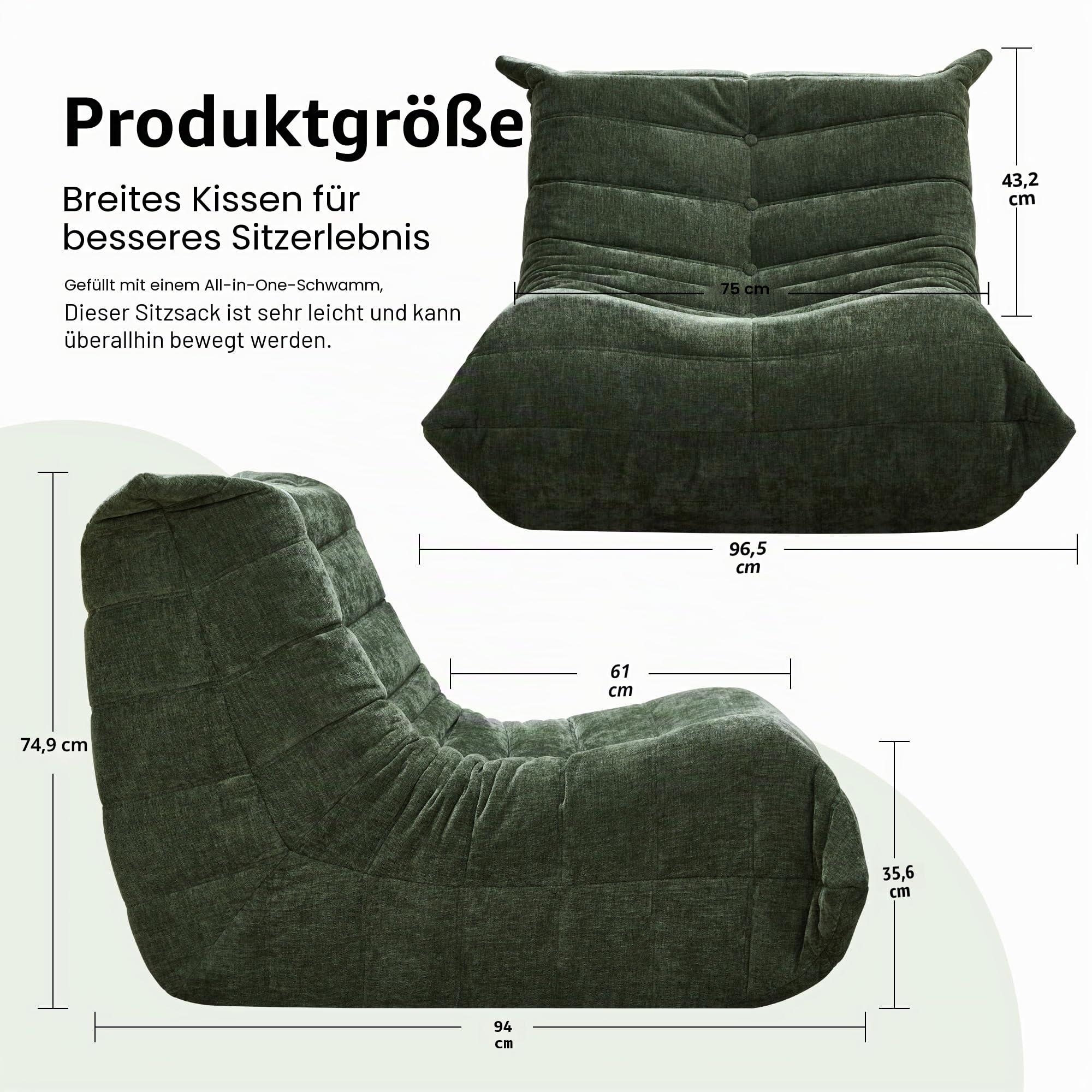 Hobestluk Sitzsack für Erwachsene, Memory-Schaum-Füllung, Kunstfell-Bezug, Bodensofa für Wohnzimmer, Schlafzimmer & Büro, Olivgrün, L, Einzel