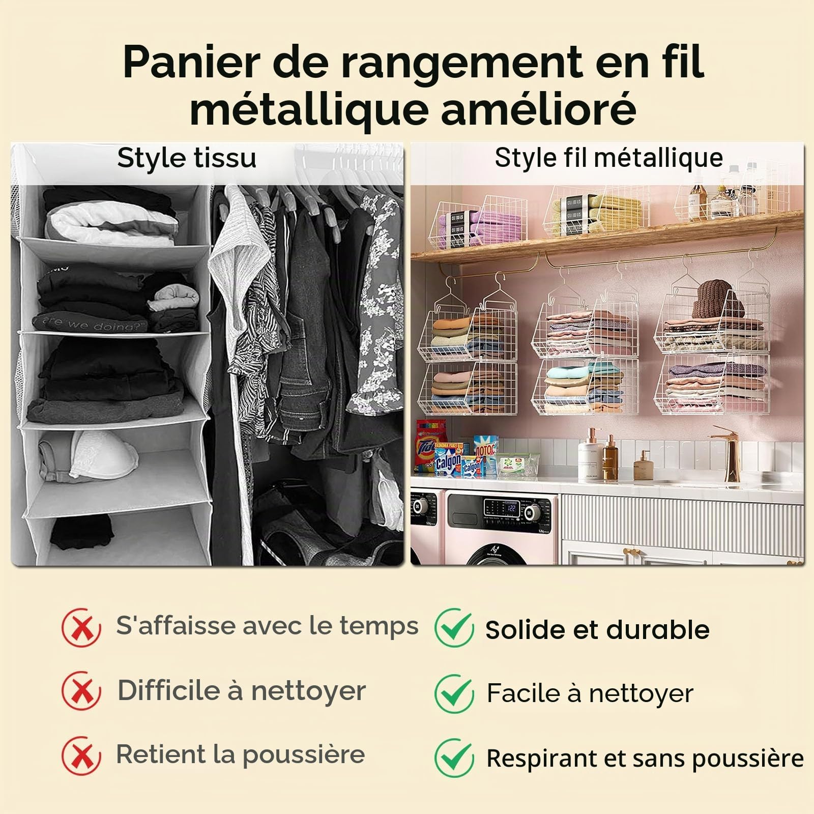 Organiseur à suspendre pour armoire, à 6 étagères, en métal robuste, facile à installer, pour vêtements, pulls, chaussures, sacs, accessoires (blanc)