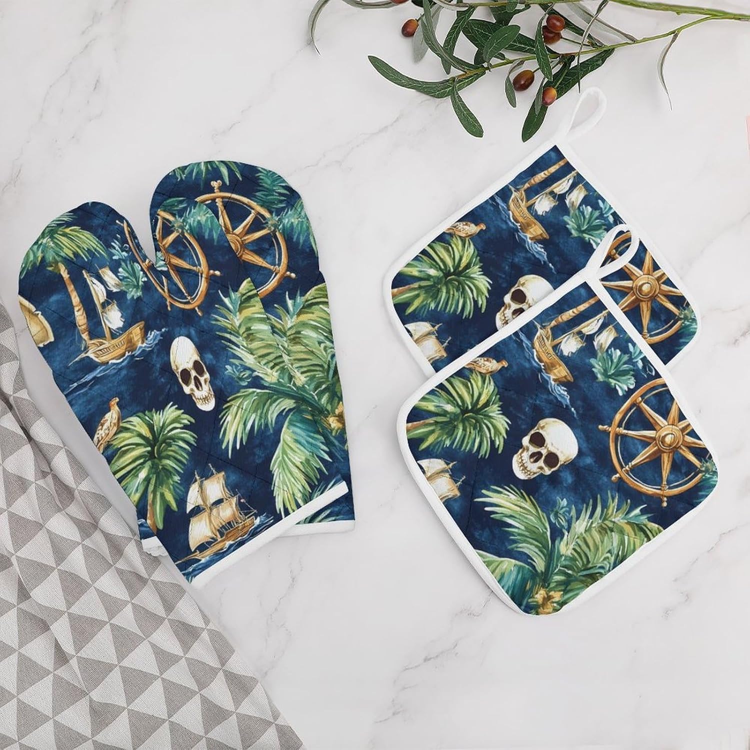Skull Sailing Ship Parrot Coconut Tree Oven Mitts and Pot Holders 4Pcs Set Heat Resistant Cooking Mitts Hot Pads