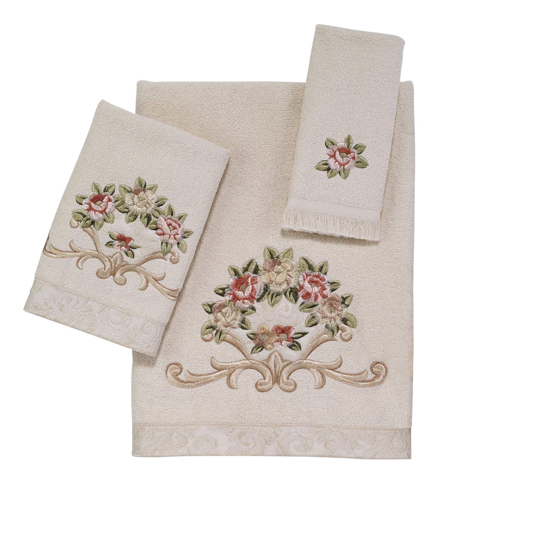 Avanti Linens3pc Towel Set, Soft & Absorbent Cotton, Floral Inspired Bathroom Accessories (Rosefan Collection)