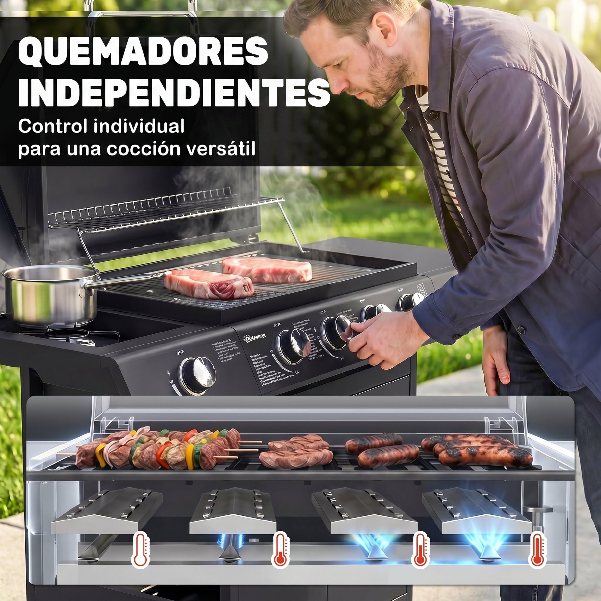 Outsunny Barbacoa de Gas con 4+1 Quemadores 14,4 KW Mesas Laterales Armario de Almacenaje Termómetro y 2 Ruedas Acero Inoxidable BBQ 125x51x100 cm Negro