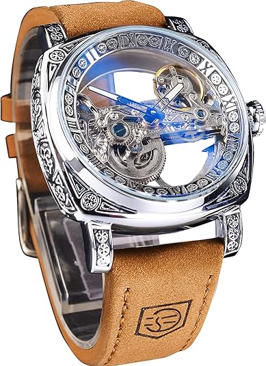FORSINING Men's Luxury Square Carving Mechanical Watch, Retro Totem Double Sided Hollow Skeleton Self-Wind Automatic Watches, Vintage Leather Strap Wristwatch Reloj para Hombre